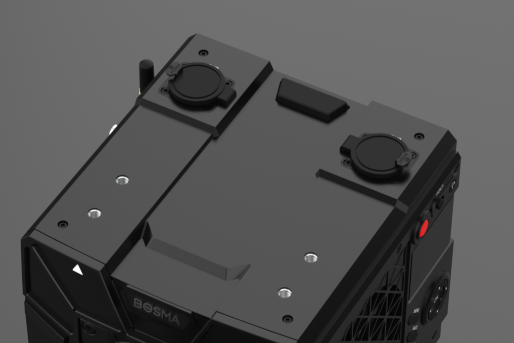 Bosma 8K Camera B1 dual XLR audio ports supporting 48V phantom power, ideal for connecting professional microphones and audio equipment in broadcast environments.