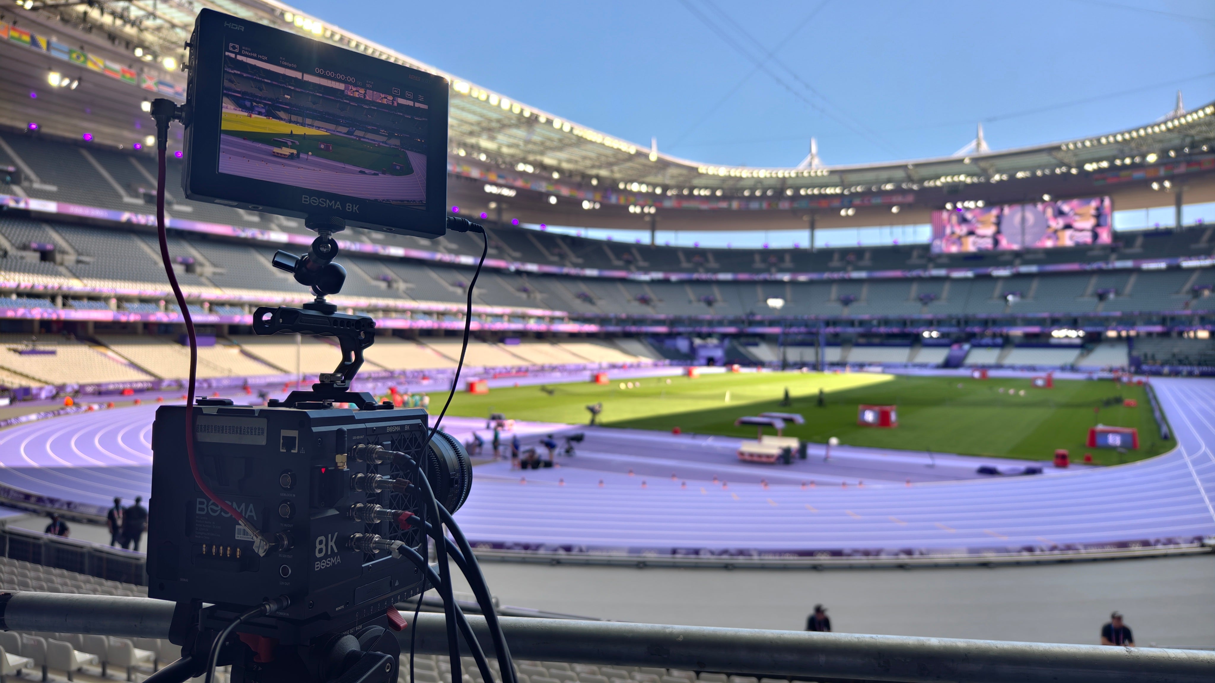 Bosma B1 8K camera used for live broadcasting at the Paris Olympics, fully equipped with professional cine lens and accessories, ideal bundle for sports events, live production, and 8K video recording.