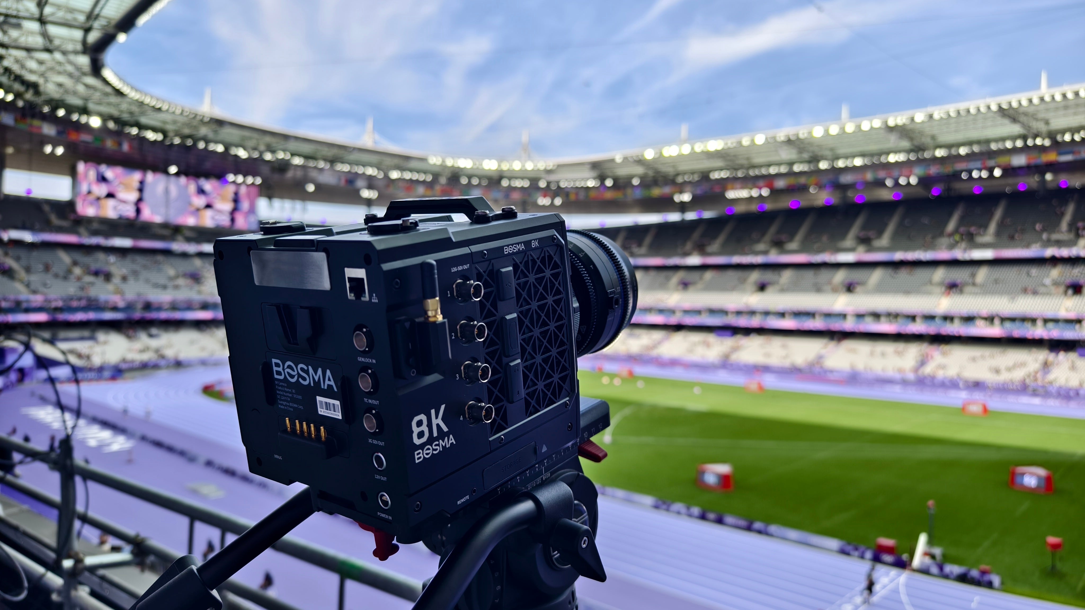 Bosma B1 8K camera in use at Paris Olympics stadium, professional 8K camera for live event, sports event, filming and high-resolution video production.