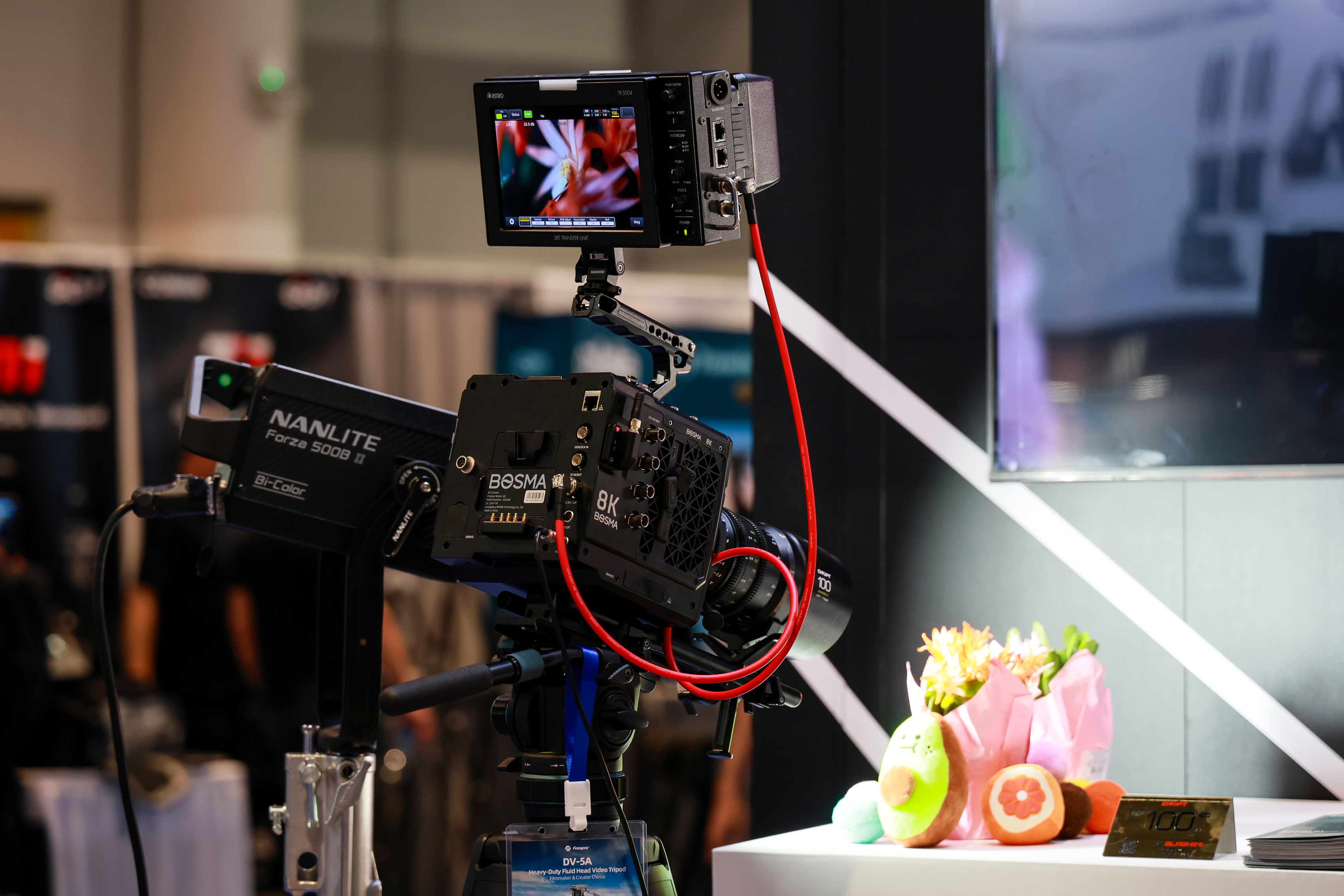 Bosma 8K camera B1 with Chiopt Slasher macro prime cinema lens mounted on a Fotopro fluid video tripod for camera dv-3c, perfect for professional filmmaking setups.