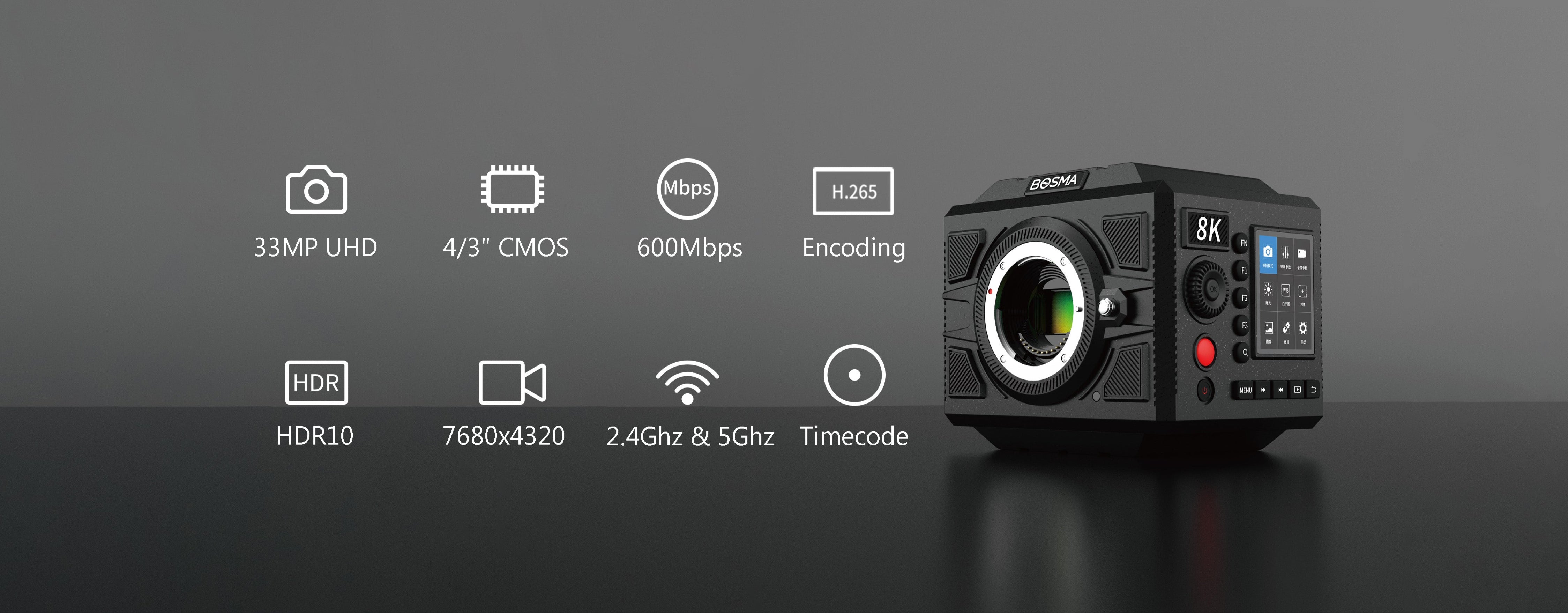 Bosma G1 Pro 8K camera feature overview banner showcasing key specifications: 33MP UHD resolution, 4/3" CMOS sensor, 600Mbps high-speed recording, H.265 encoding, HDR10 support, 7680x4320 resolution, dual-band 2.4GHz & 5GHz wireless connectivity, and timecode synchronization.