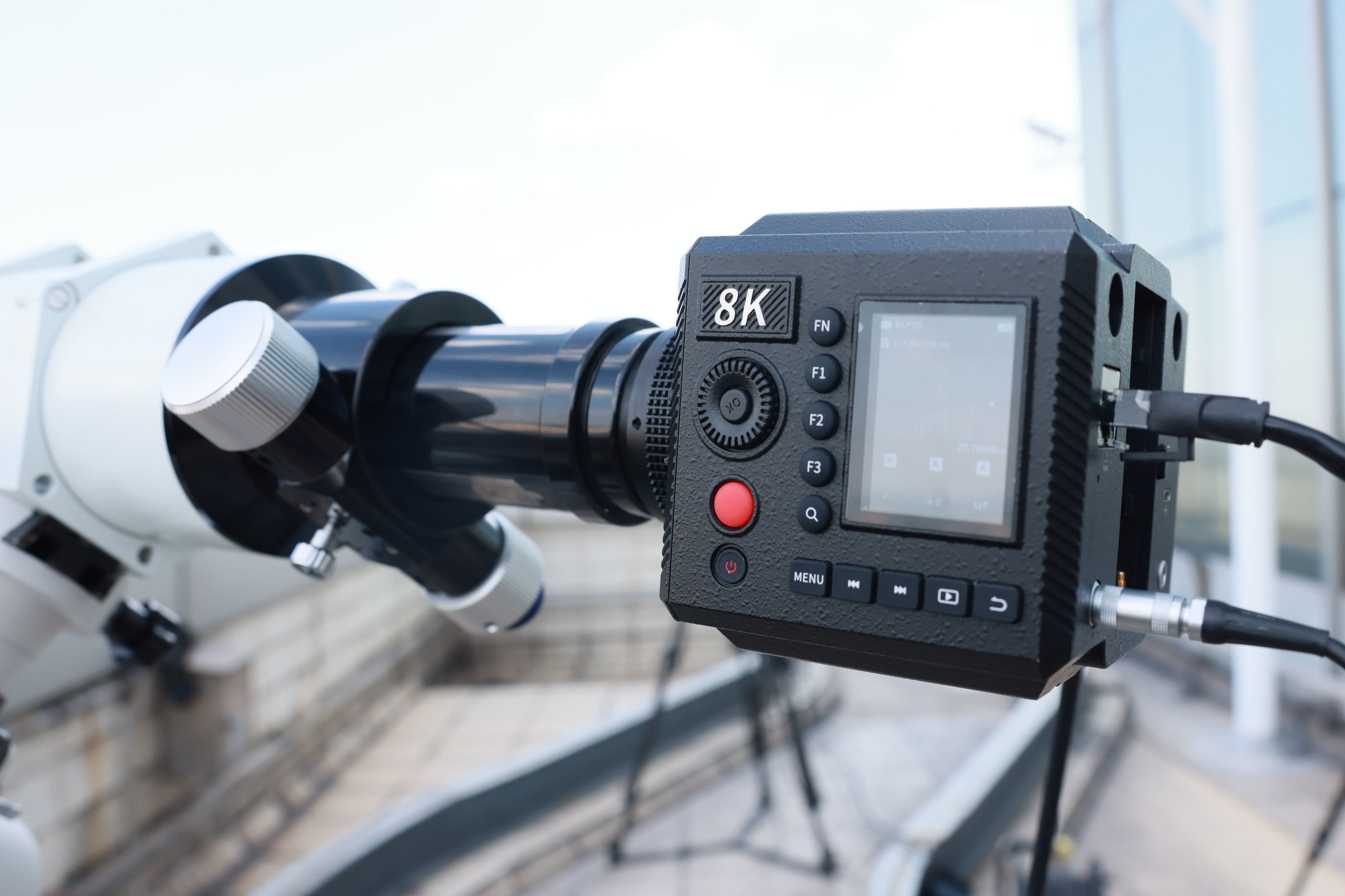 Bosma G1 Pro 8K camera with MFT mount connected to a telescope for astrophotography, capturing detailed moon observation, showcasing the camera’s versatility for astrophotography, high-resolution lunar imaging, and professional 8K video recording.