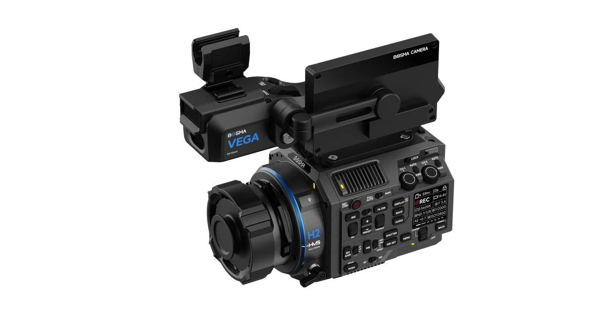 Front view of the BOSMA VEGA H2 6K full frame cinema camera for filmmakers and content creators, with PL, EF and M mount compatibility, featuring 6K 60fps recording, Open Gate capture, patented HVS technology and hybrid autofocus system