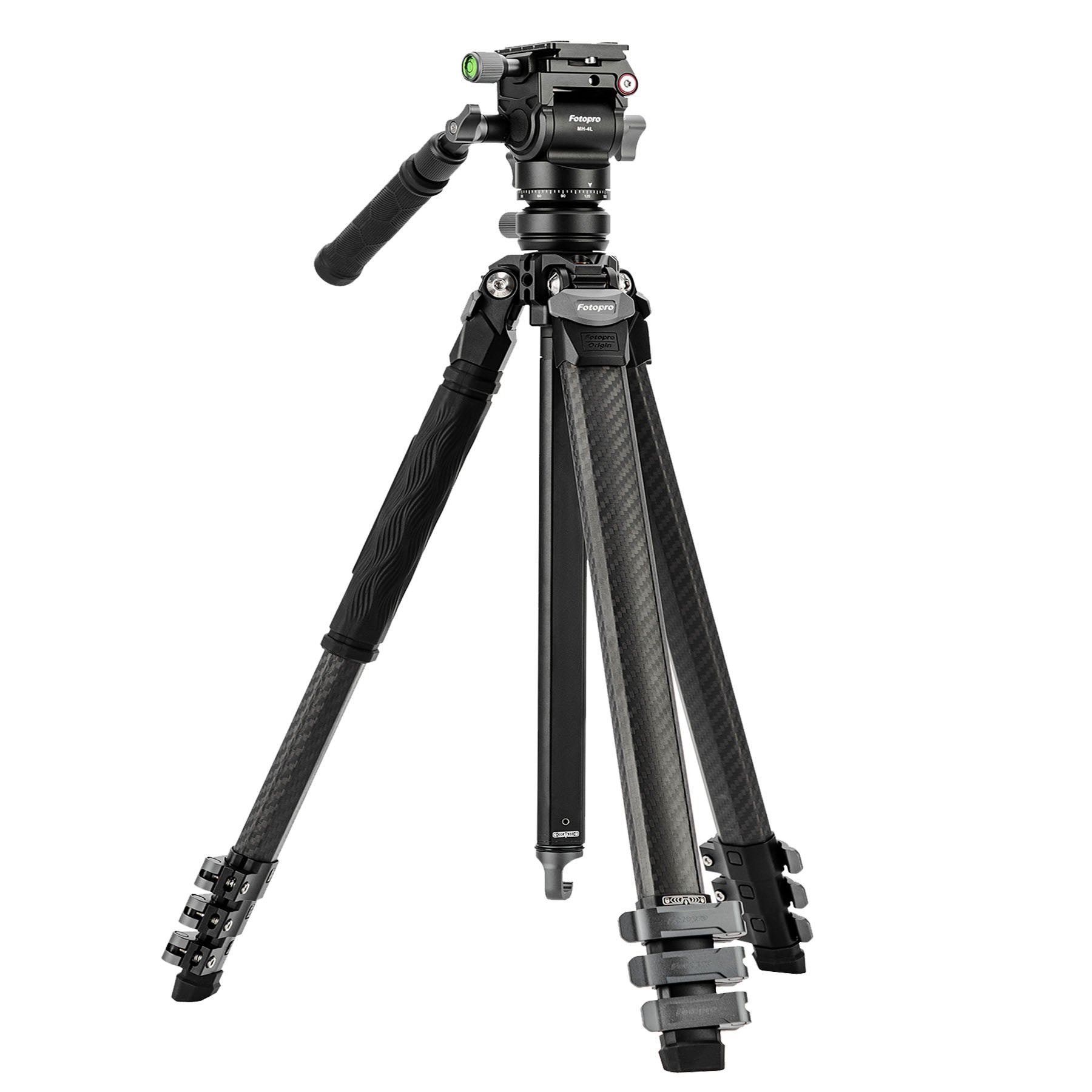 Professional lightweight carbon fiber travel camera tripod Fotopro Origin with fluid video head mh-4l, vertical video support, 3-5kg max load capacity, quick setup flip locks, Arca-Swiss quick release, hidden Allen wrench, compact foldable design, perfect for outdoor, travel, and social media video shooting.