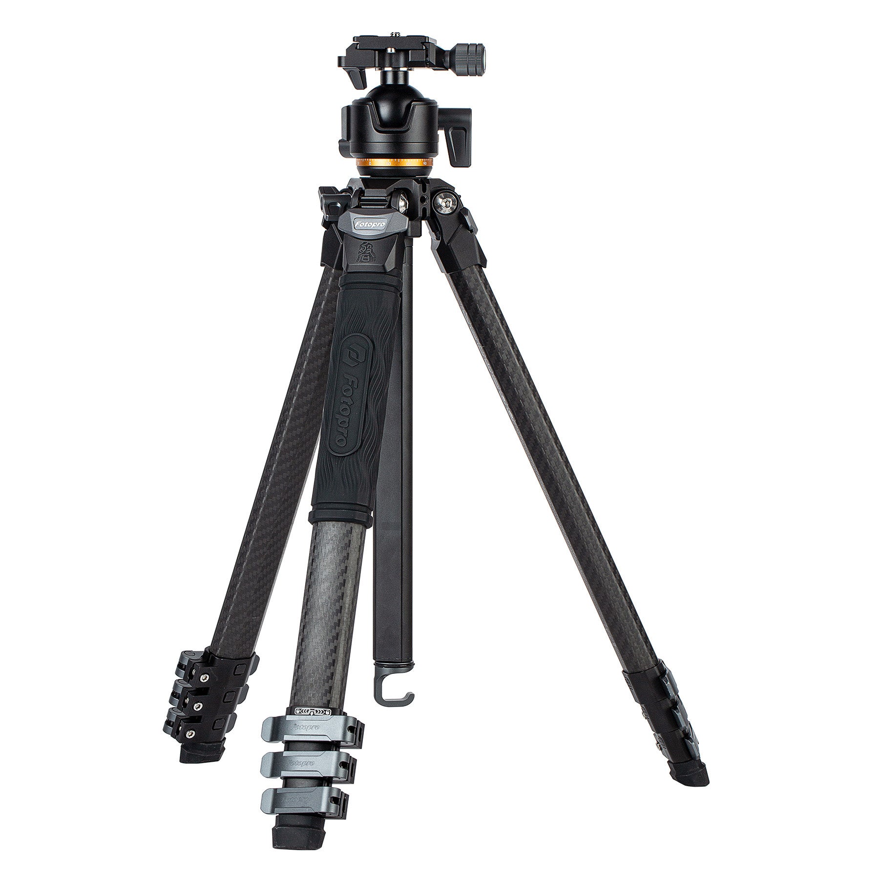 Fotopro Pantour Origin black carbon fiber travel camera tripod with ultra-lightweight compact design. Supports up to 20kg, equipped with Arca-type quick-release plate, ergonomic flip locks, 360-degree panoramic ball head, perfect for travel, vlog, and wildlife photography.