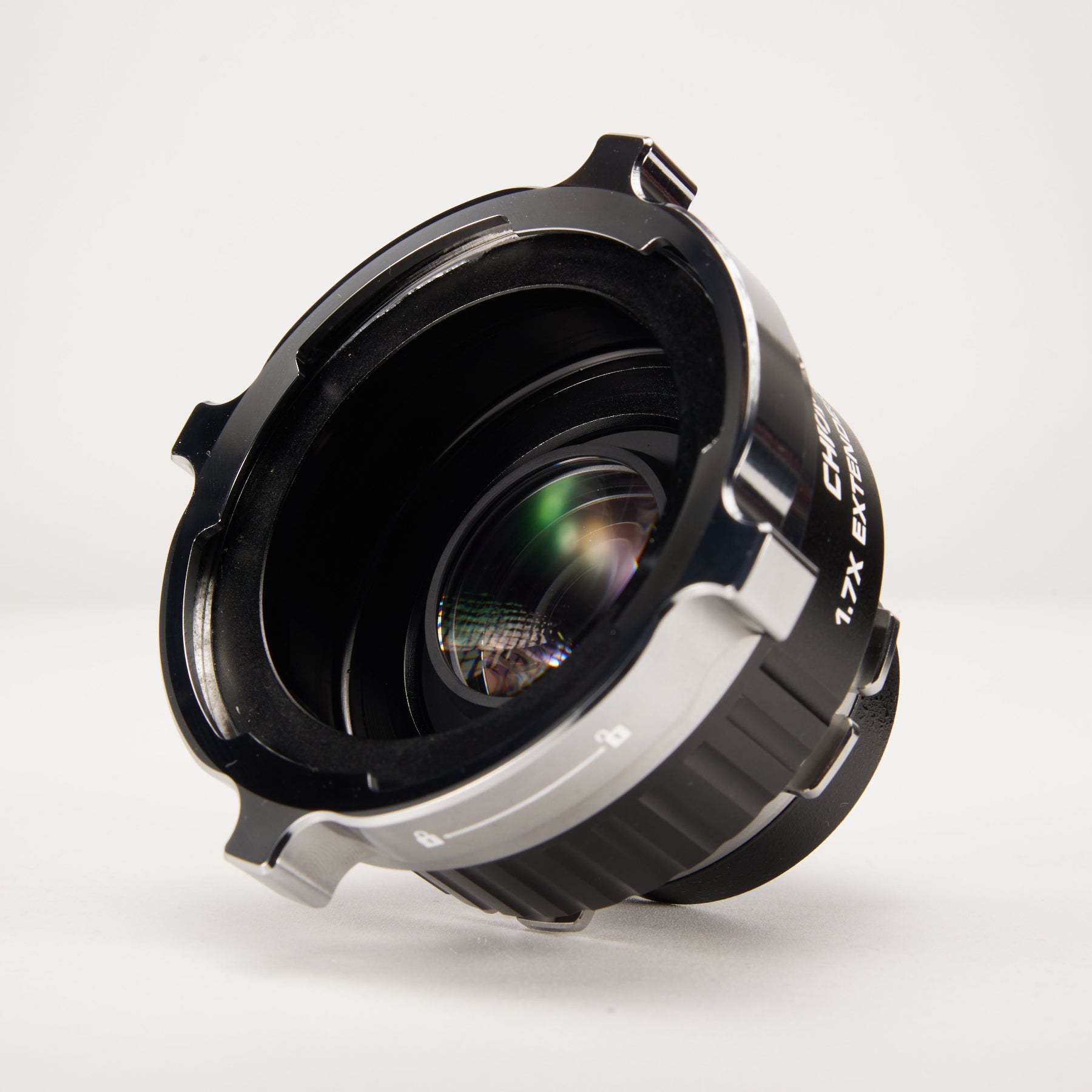 Chiopt 1.7X Extender PL mount detail, precision PL to PL interface for stable and secure connection with cinema lenses and cameras, compatible with ARRI Alexa Mini, ARRI Alexa LF, Canon C700 FF, Sony Venice, and other PL mount cinema cameras. Increases focal length by 1.7x and expands Super 35 lenses to full-frame format.