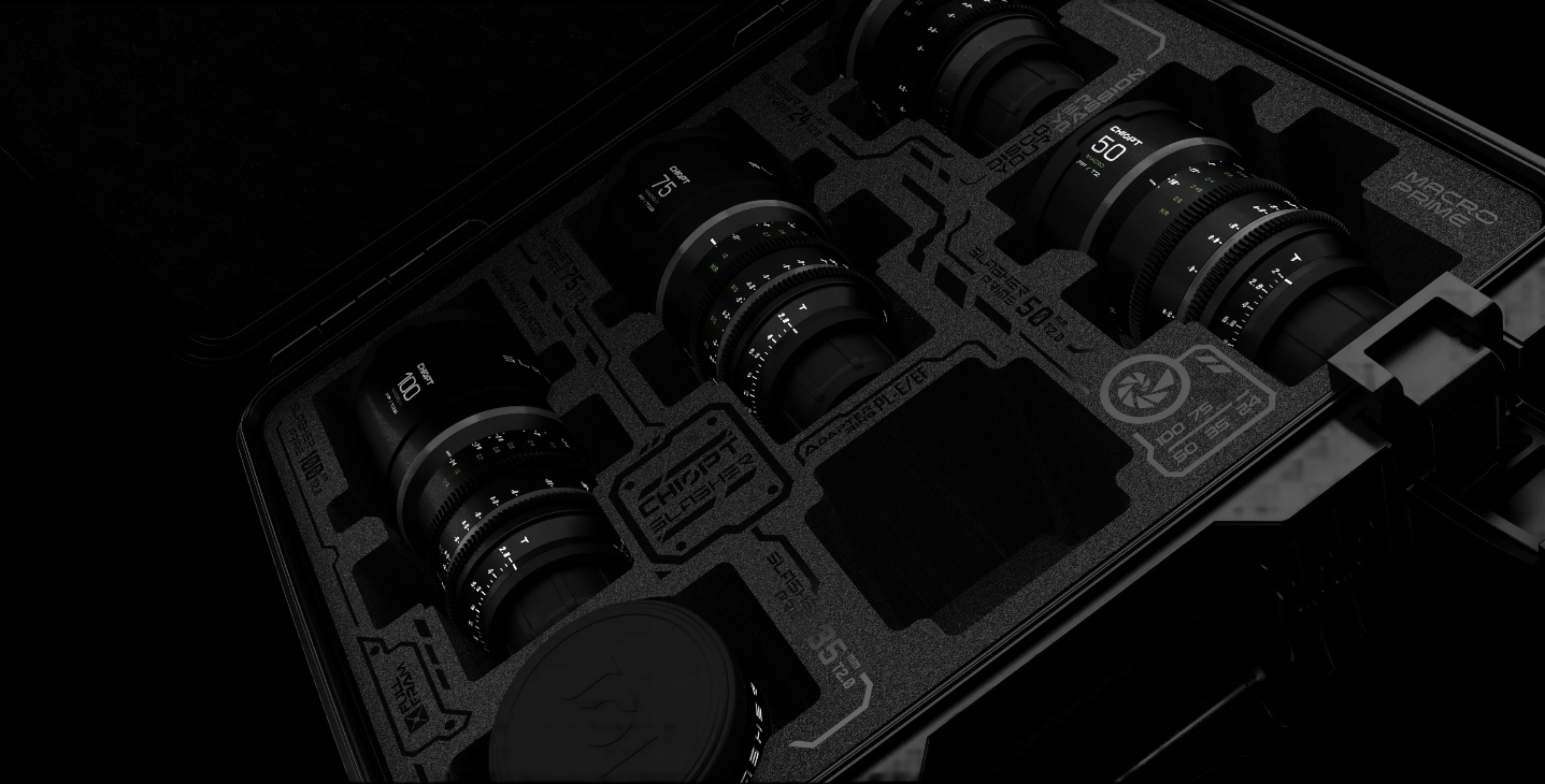 Chiopt Slasher Macro Prime Lens black kit with secure reinforced flight case, including 24mm T2.0, 35mm T2.0, 50mm T2.0, 75mm T2.8, and 100mm T2.8 classic cine lenses, providing macro shooting capabilities and versatile focal lengths for professional filmmaking and product close-up video production.