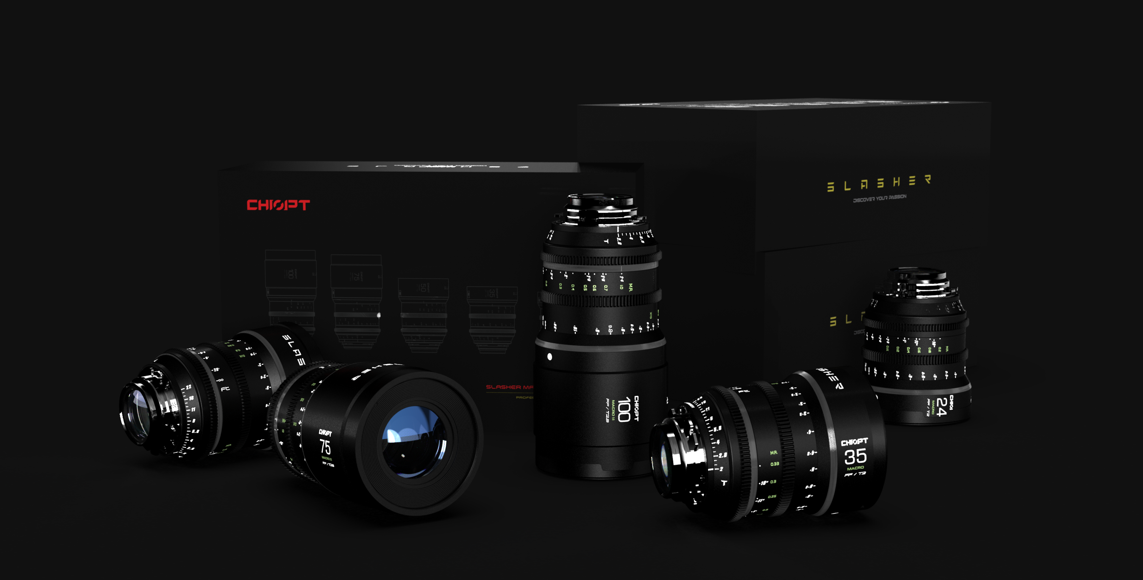 Chiopt Slasher Macro Prime Lens black kit with secure reinforced flight case, including 24mm T2.0, 35mm T2.0, 50mm T2.0, 75mm T2.8, and 100mm T2.8 classic cine lenses, providing macro shooting capabilities and versatile focal lengths for professional filmmaking and product close-up video production.
