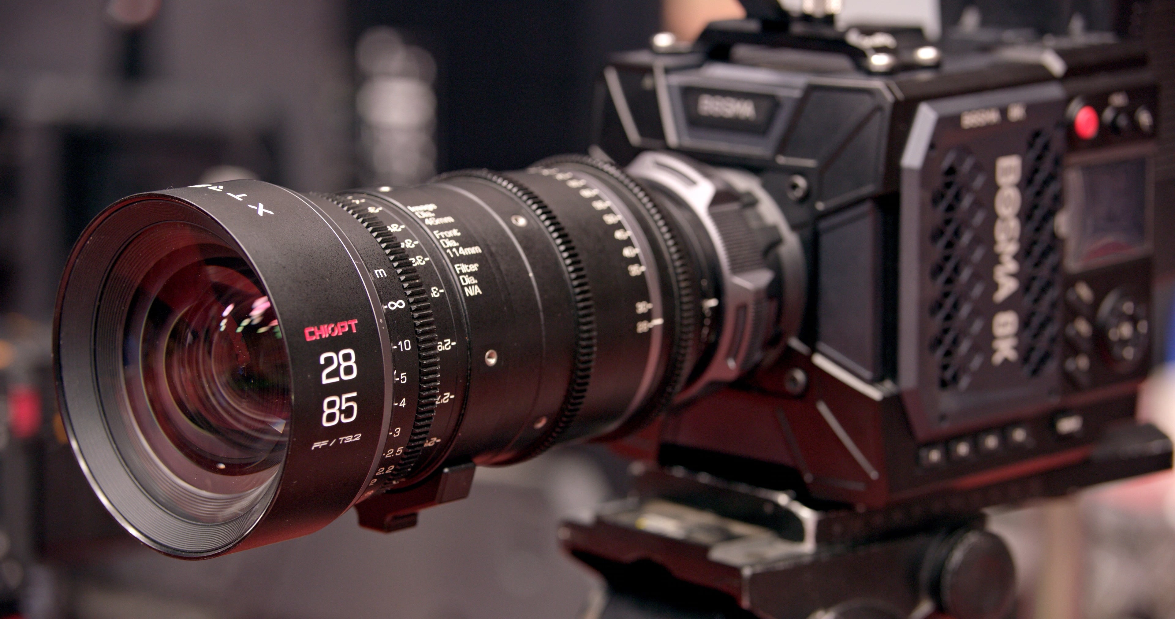 Chiopt Xtreme Zoom 28-85mm cine lens mounted on Bosma B1 8K camera shooting, designed with enhanced resistance to sand, dust, and raindrops for reliable performance in challenging outdoor environments.