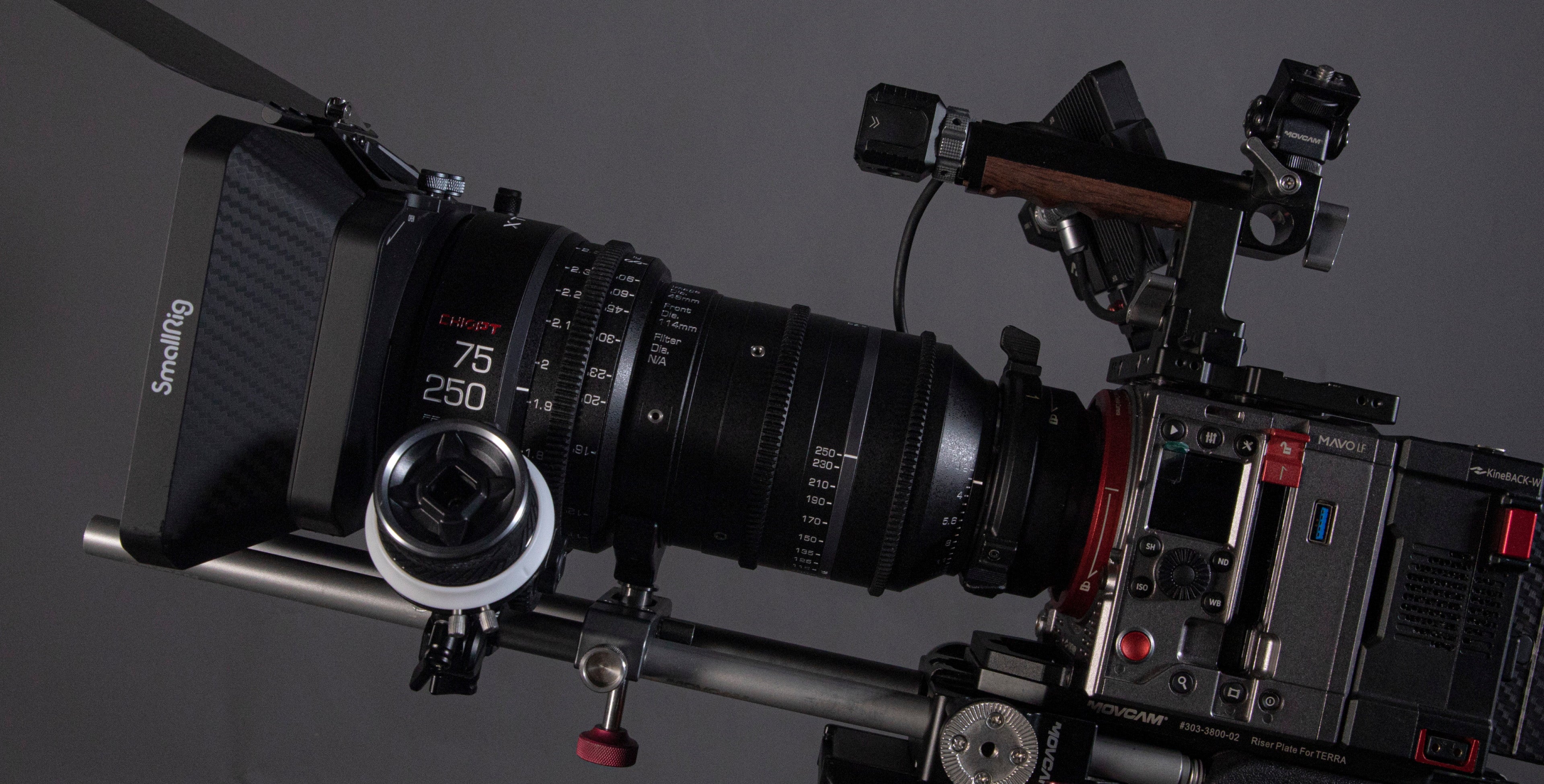 Chiopt Xtreme Zoom 75-250mm cine lens shooting scene showcasing 46mm imaging circle and cross-format compatibility, designed for large format and Super 35mm systems, delivering superior image quality and durability for professional filmmaking.