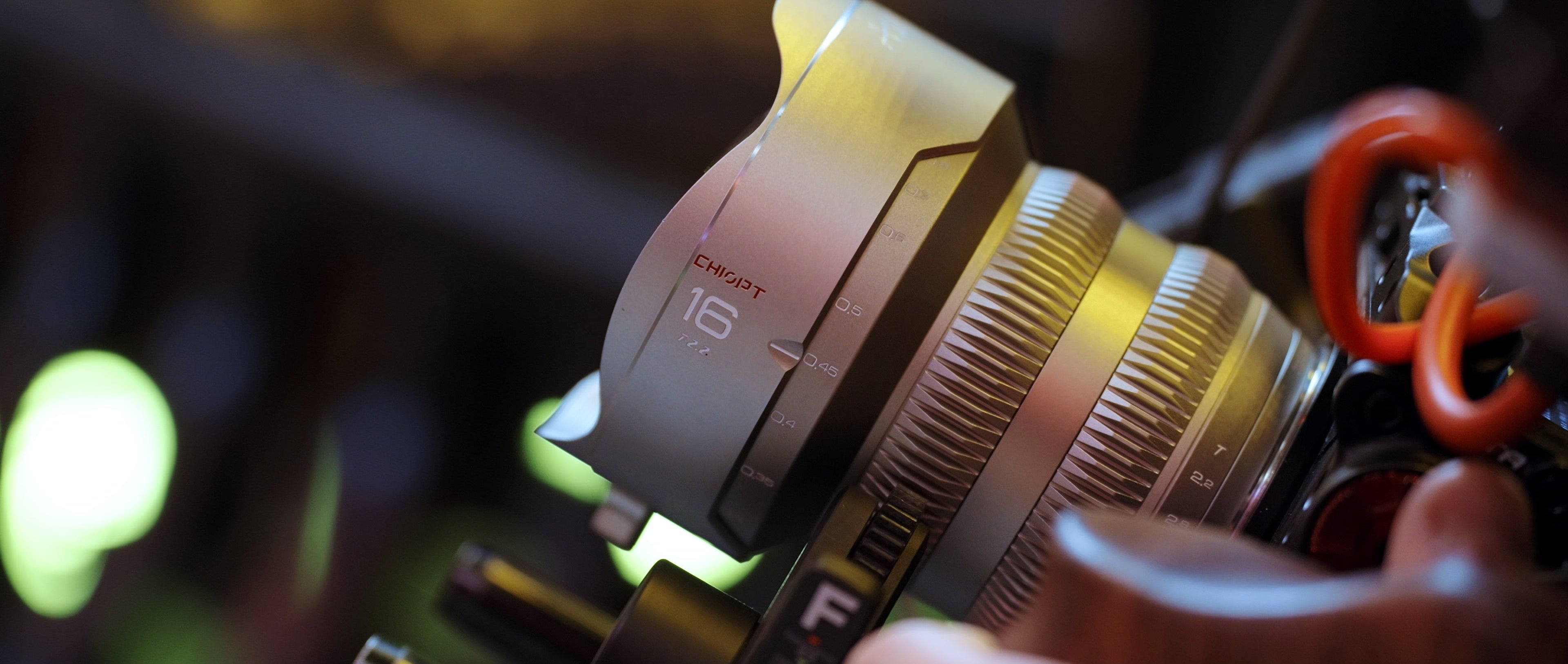 Chiopt Aura 16mm cine lens mounted on camera for wide-angle scene setup