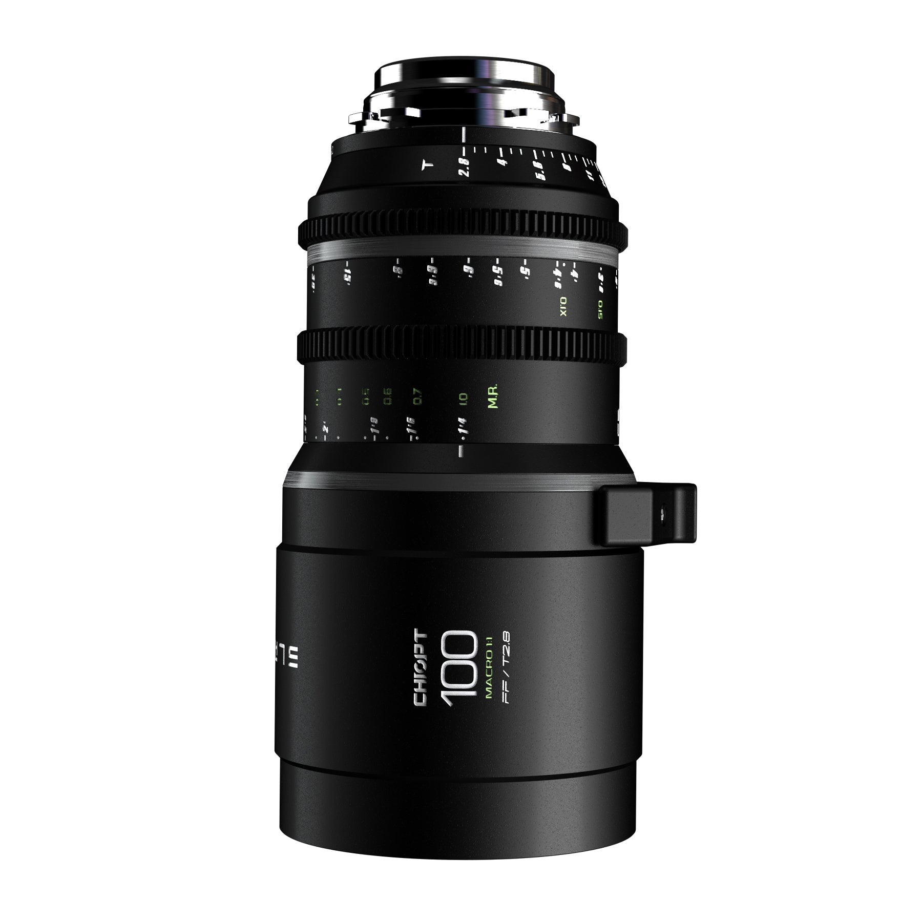 Chiopt Slasher Macro Prime 100mm T2.8 cinema lens, professional macro cine lens for 8K video capture, featuring a 95mm front diameter, 86mm filter thread, and quick-change design for seamless filter compatibility.