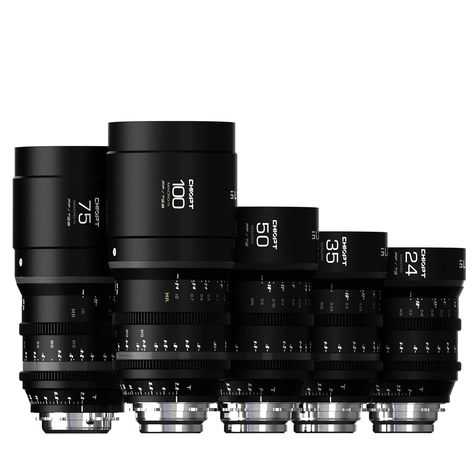 Chiopt Slasher Macro Prime 5-lens kit including 24mm, 35mm, 50mm, 75mm, and 100mm cinema lenses. Complete macro cine lens set for 8K camera systems, professional filmmaking, detailed close-ups, and full-frame video production.