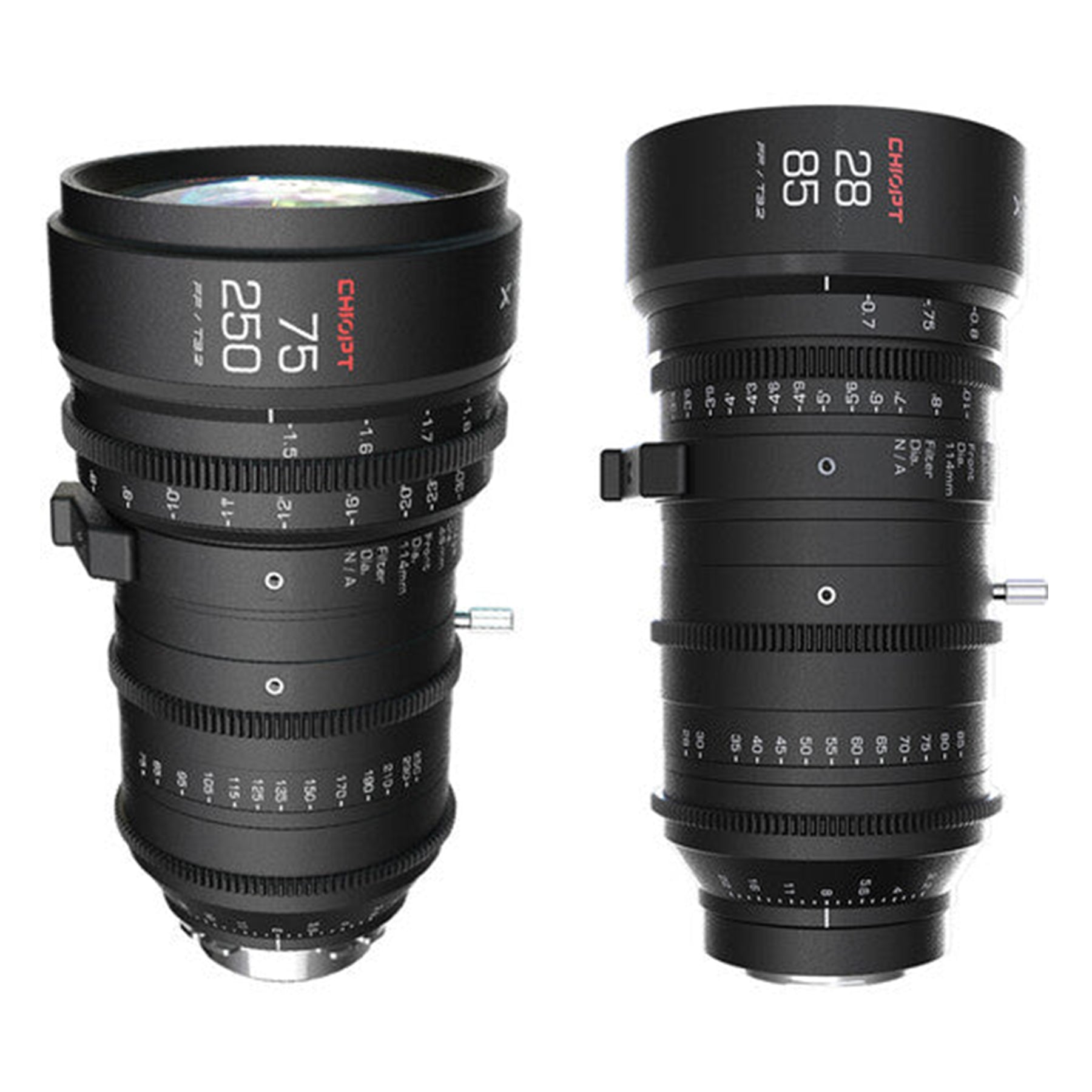 Chiopt Xtreme Zoom 28-85mm and 75-250mm cinema lens kit, PL mount, cine zoom lens set with unified design, constant T3.2 aperture, 8K resolution support, professional filmmaking bundle for versatile production needs.