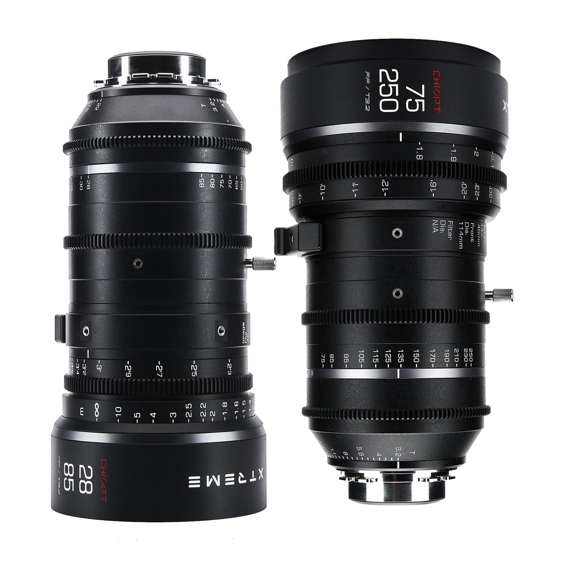 Chiopt Xtreme Zoom 28-85mm and 75-250mm cinema lens kit, PL mount, cine zoom lens set with unified design, constant T3.2 aperture, 8K resolution support, professional filmmaking bundle for versatile production needs.