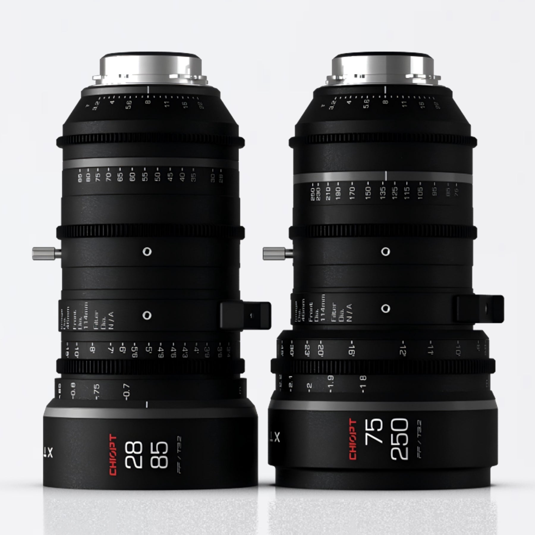 Chiopt Xtreme Zoom 28-85mm and 75-250mm cinema lens kit, PL mount, cine zoom lens set with unified design, constant T3.2 aperture, 8K resolution support, professional filmmaking bundle for versatile production needs.