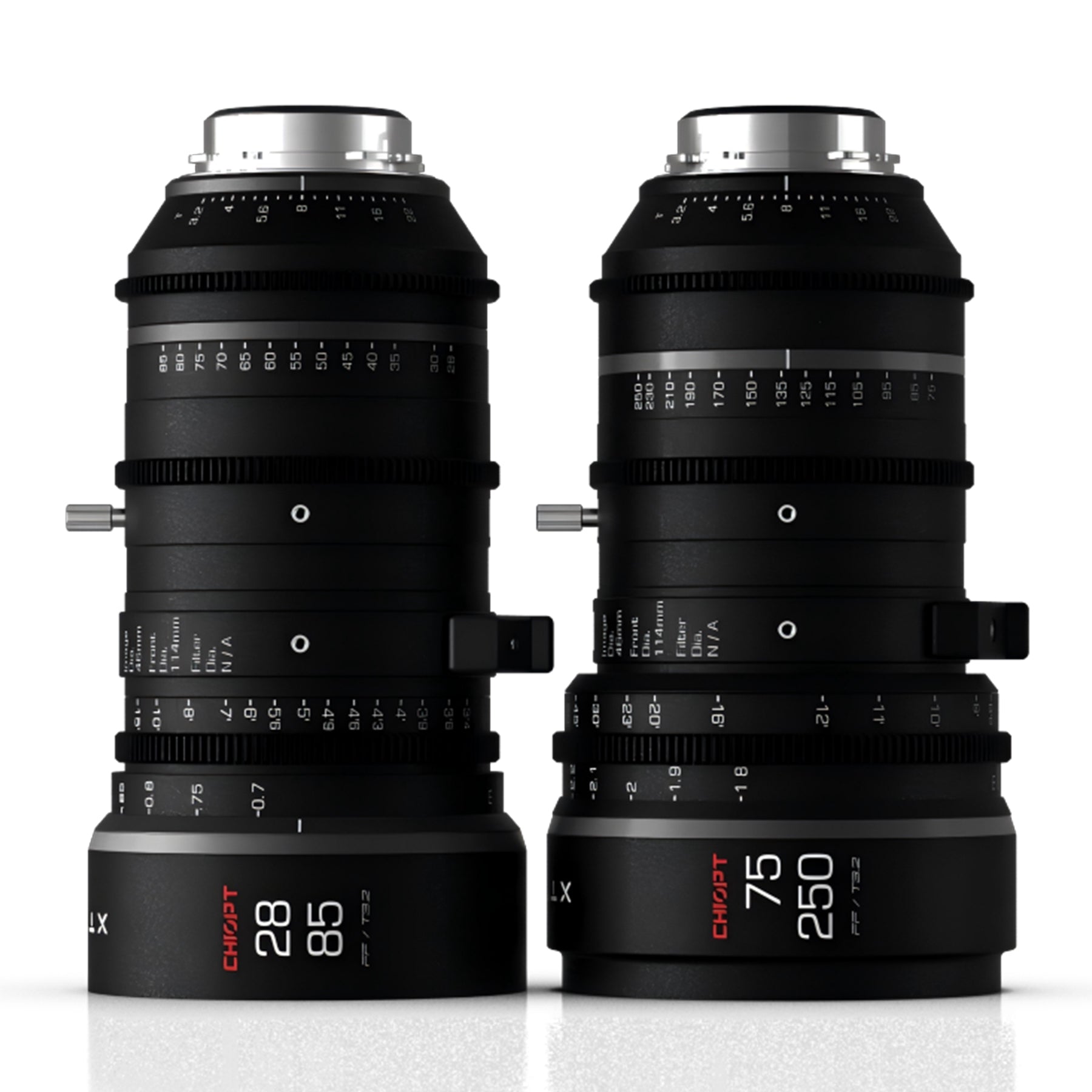 Chiopt Xtreme Zoom 28-85mm and 75-250mm cinema lens kit, PL mount, cine zoom lens set with unified design, constant T3.2 aperture, 8K resolution support, professional filmmaking bundle for versatile production needs.