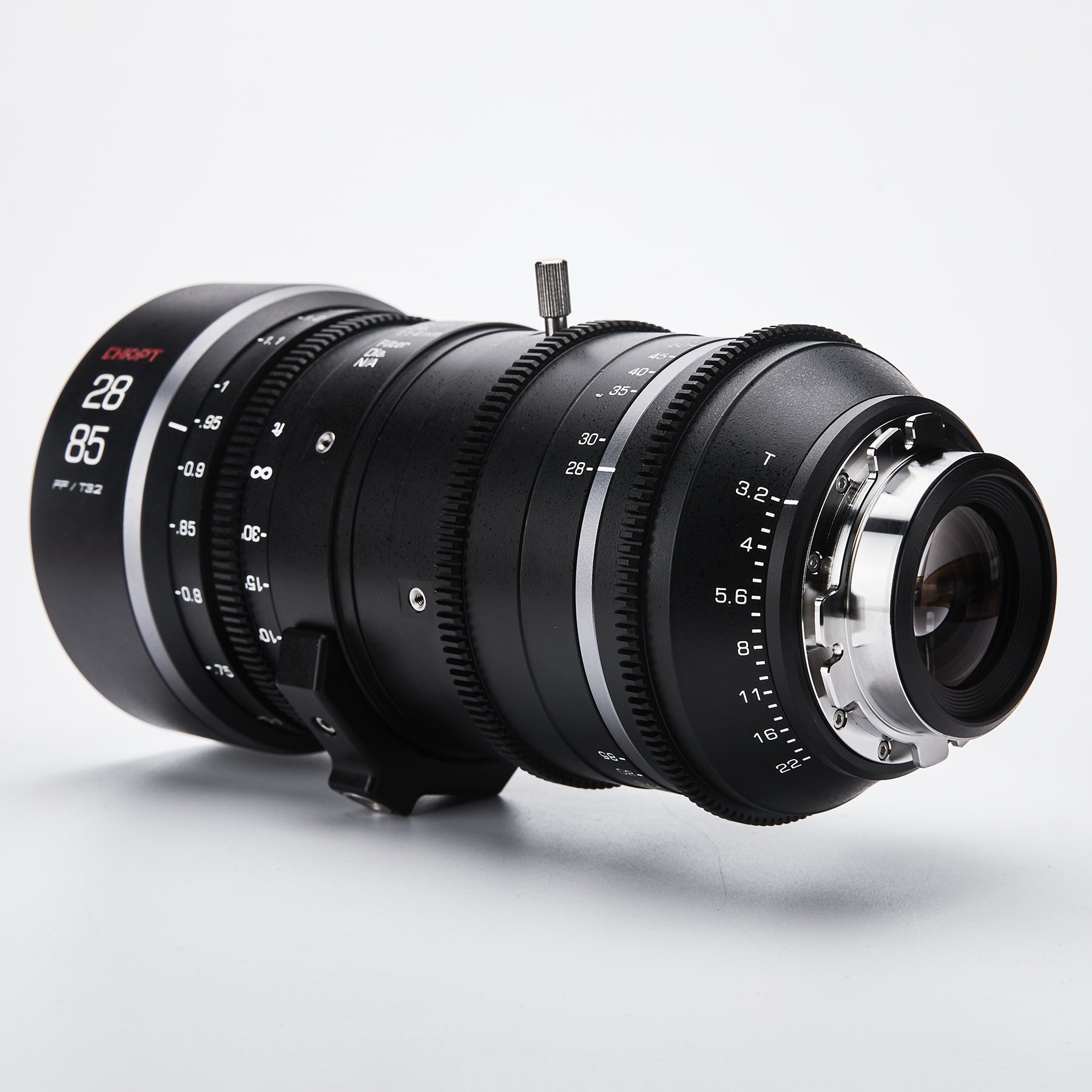 Close-up of Chiopt Xtreme Zoom 28-85mm focus and aperture ring, smooth manual control for precise cinematic focus pulling.