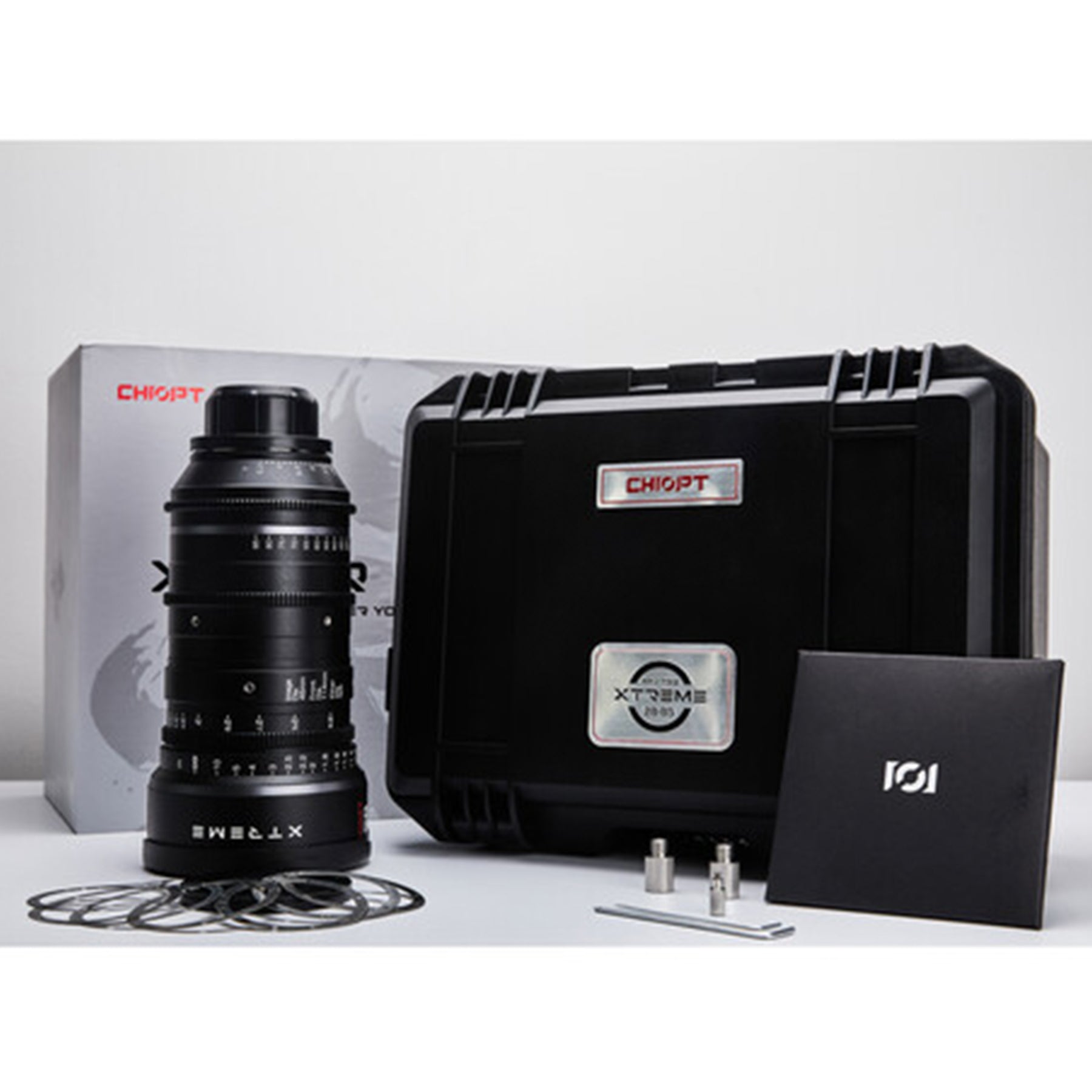 Chiopt Xtreme Zoom 28-85mm and 75-250mm cinema lens in protective flight case, secure packaging for travel and on-location filmmaking, professional protection for high-end cinema gear.