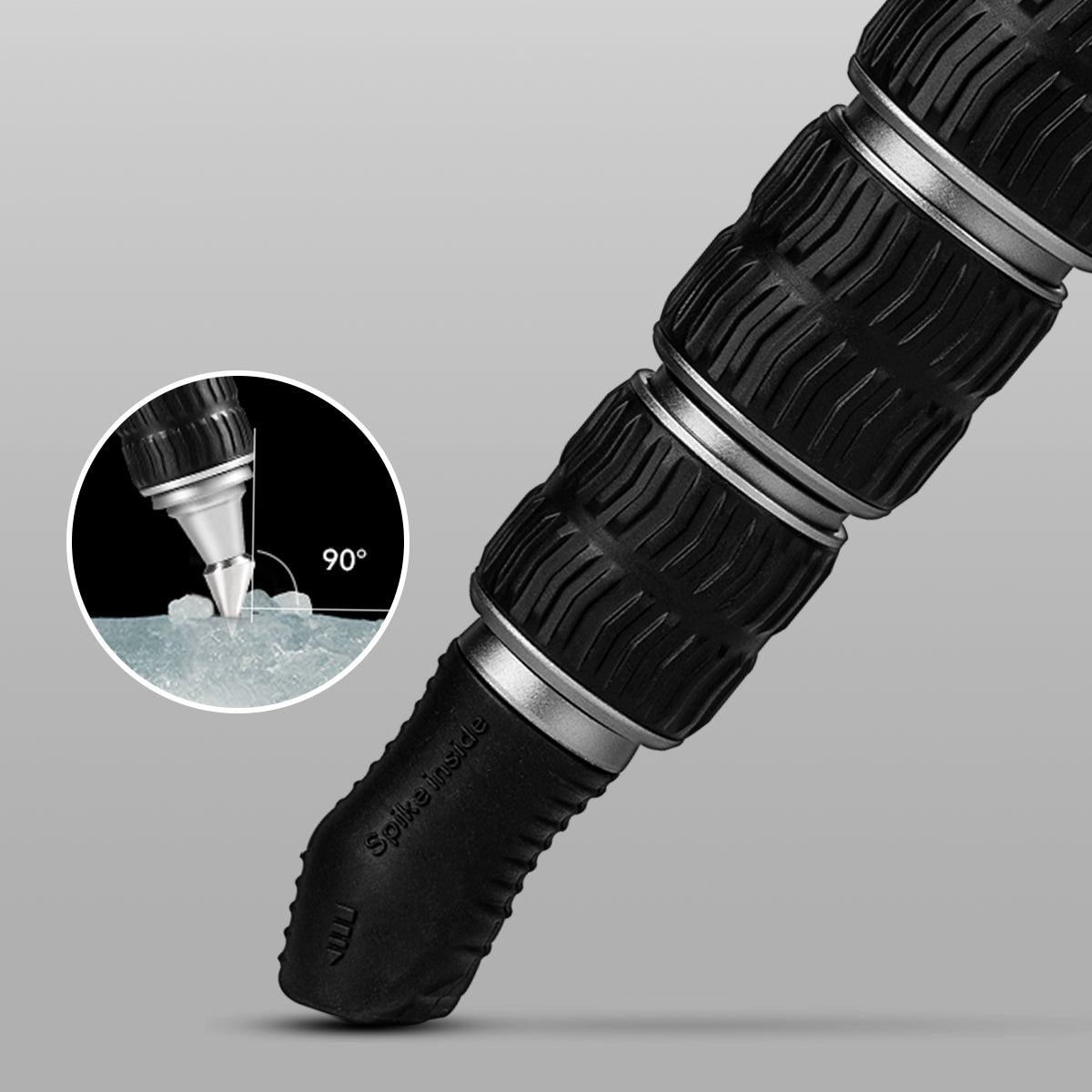Close-up of Fotopro T-Roc, eagle series tripod titanium alloy spikes inspired by bionic sheep’s hoof design, showing perfectly vertical positioning for superior grip on rocky and uneven terrain, providing enhanced traction and secure footing in outdoor photography.