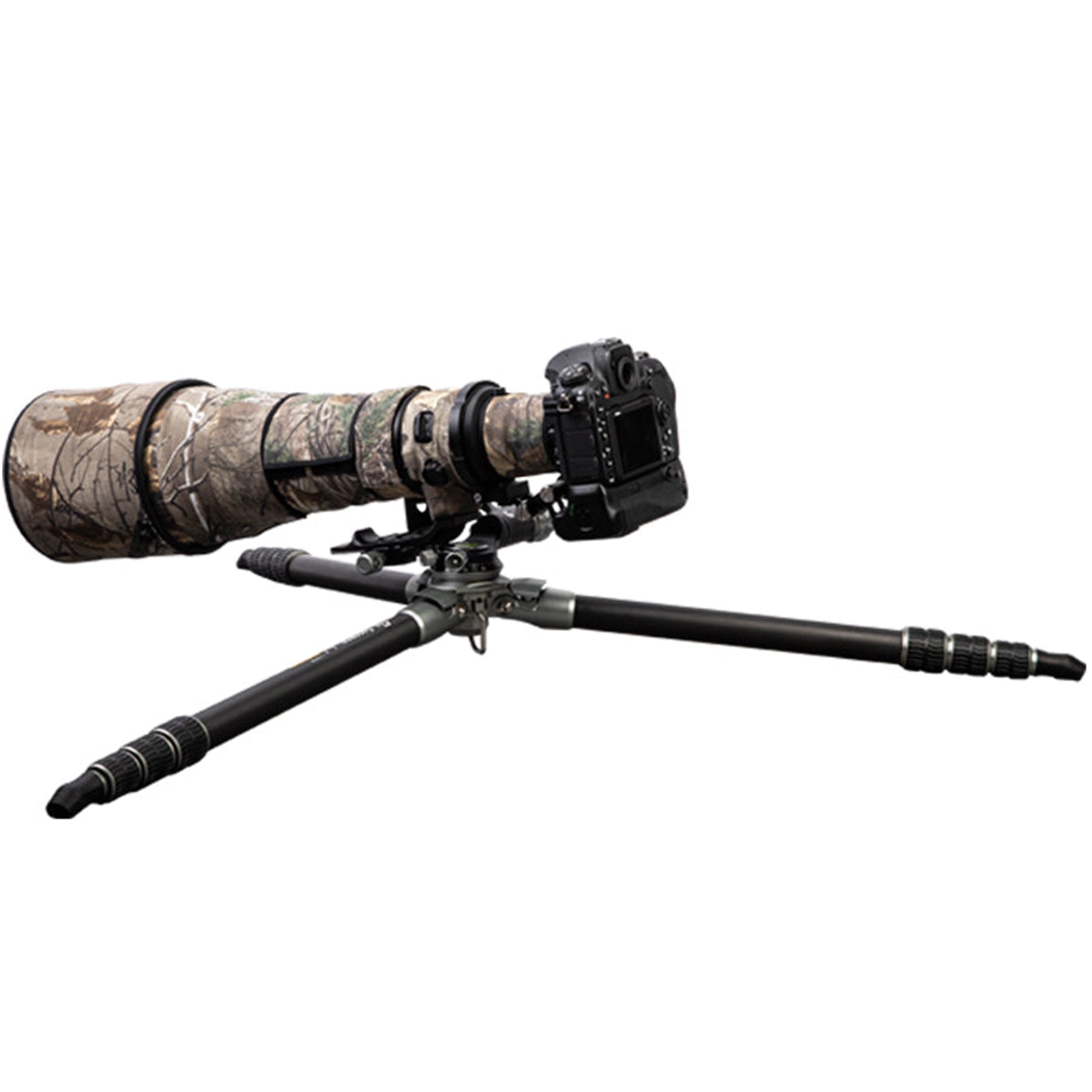 Fotopro E7 heavy-duty tripod fully extended for low-angle shooting, legs spread almost flat for ground-level photography, ideal for macro, wildlife, and bird photography in uneven or rugged terrain.
