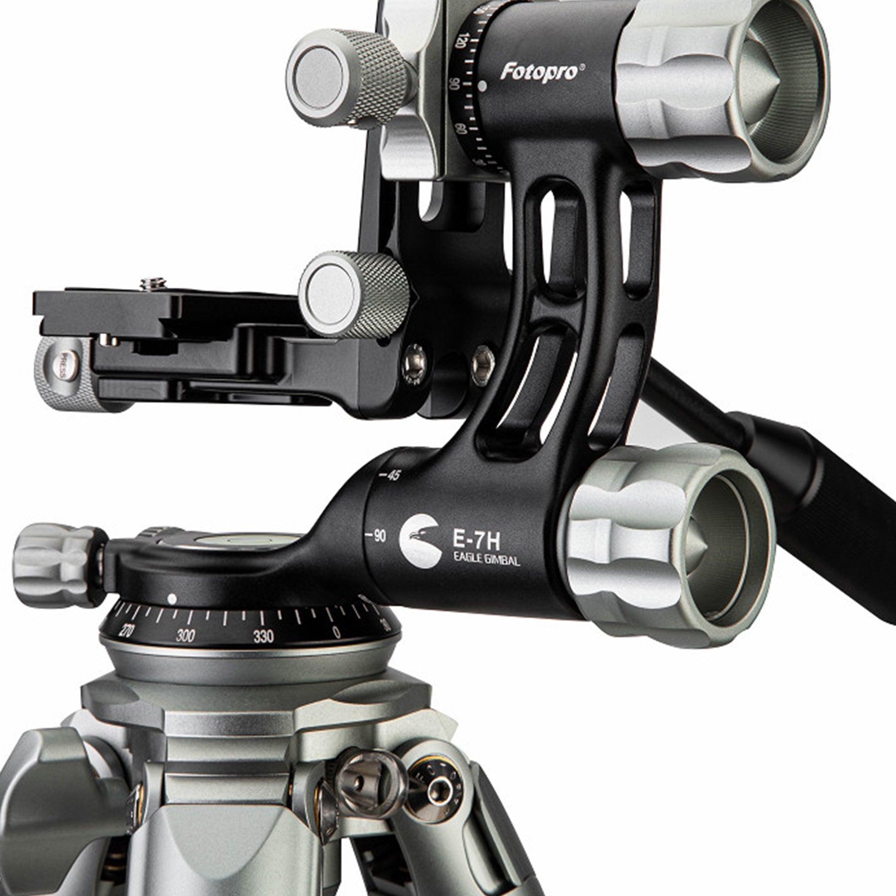 Fotopro E7 tripod with aluminum E-7H heavy-duty gimbal head and detachable handle, smooth control, independent 360° rotation and swing, providing effortless movement of large telephoto lenses for outdoor photography.