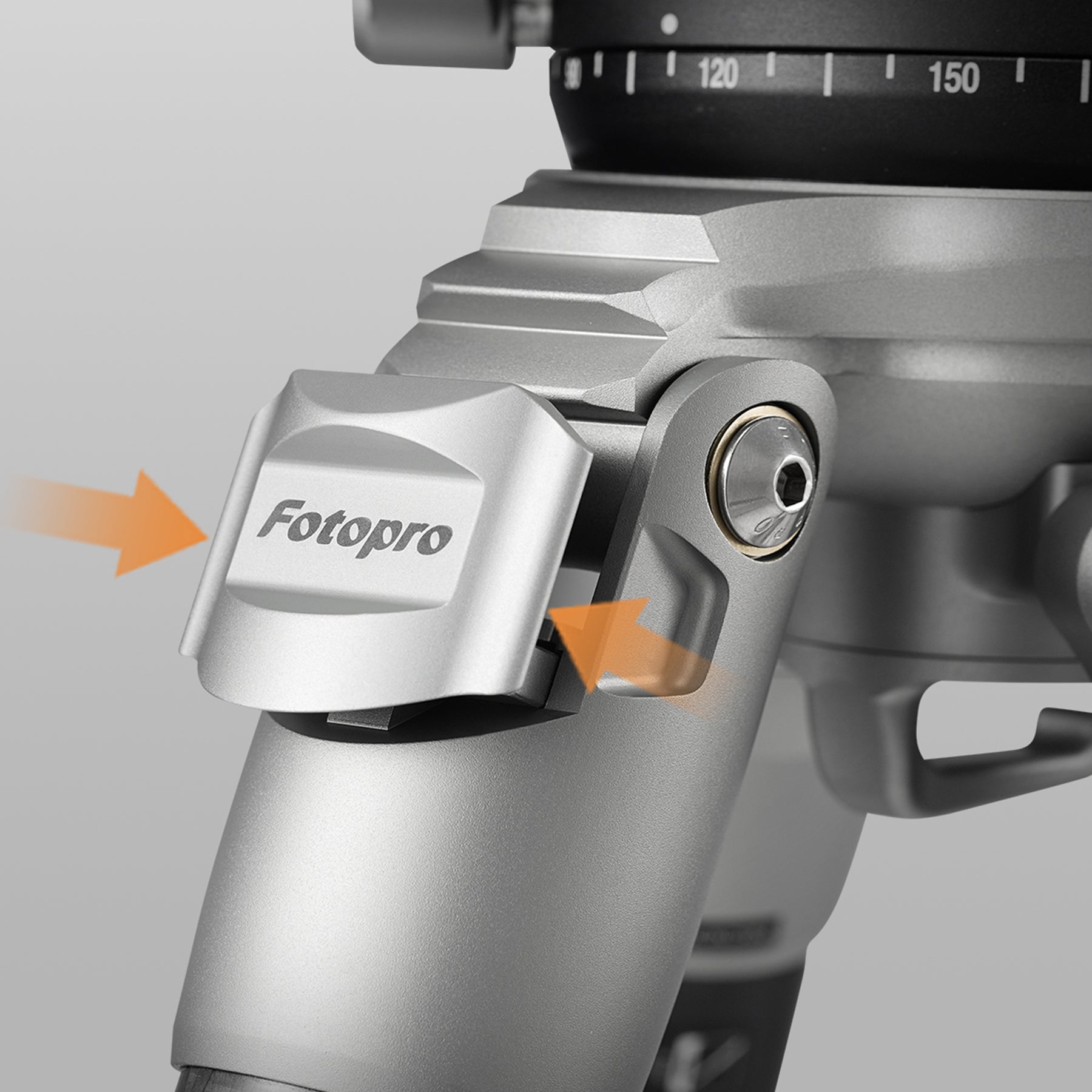 Fotopro E7 professional camera tripod featuring 3-angle independent leg adjustment with high-strength stainless steel knuckle screws for anti-slip, secure locking and superior stability on all terrains.