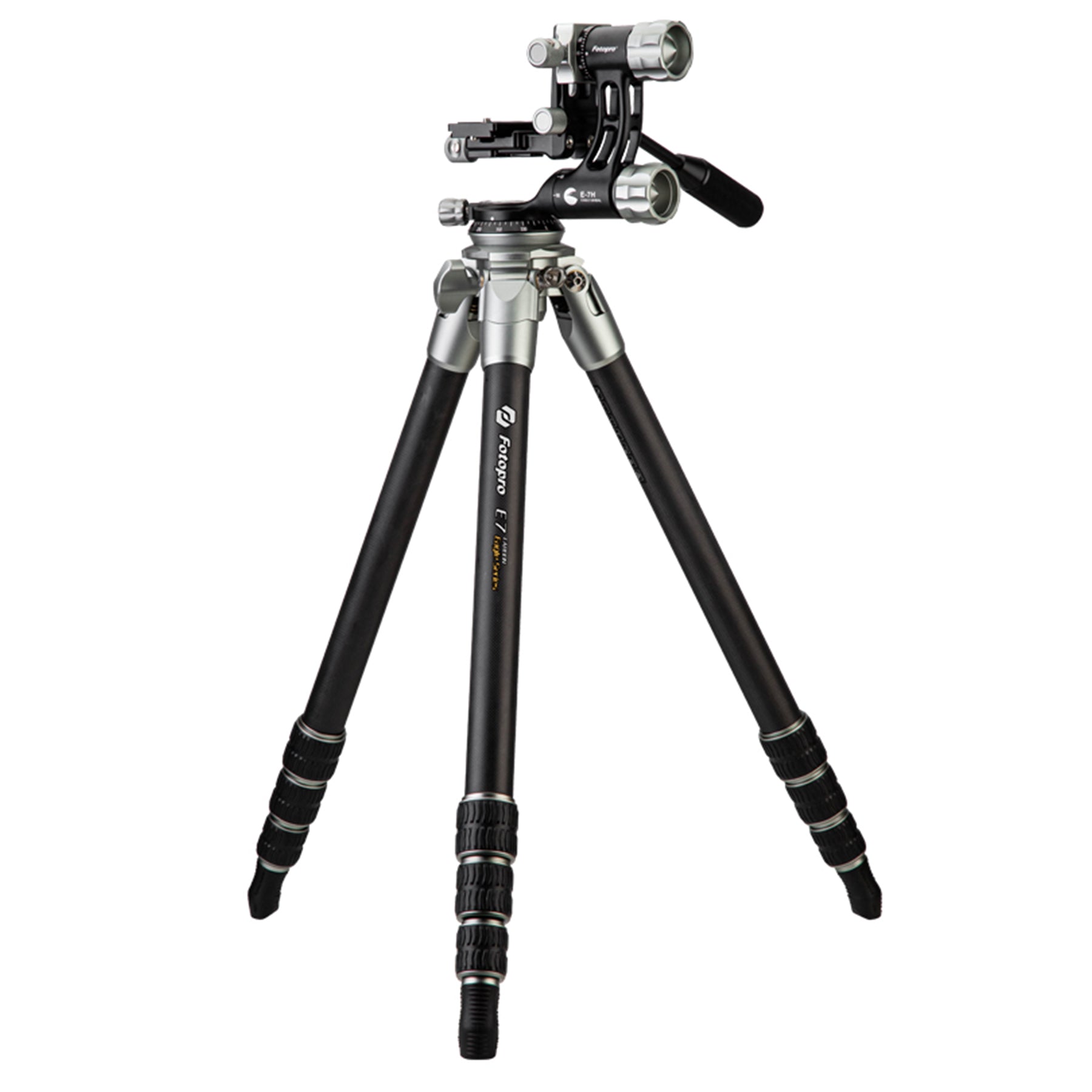 Fotopro E7 professional heavy-duty carbon fiber tripod with E-7H gimbal head, integrated leveling base, lightweight 2.84kg design, 10kg (22 lbs) load capacity, ideal for bird photography, wildlife, and astronomy shooting with large telephoto lenses.