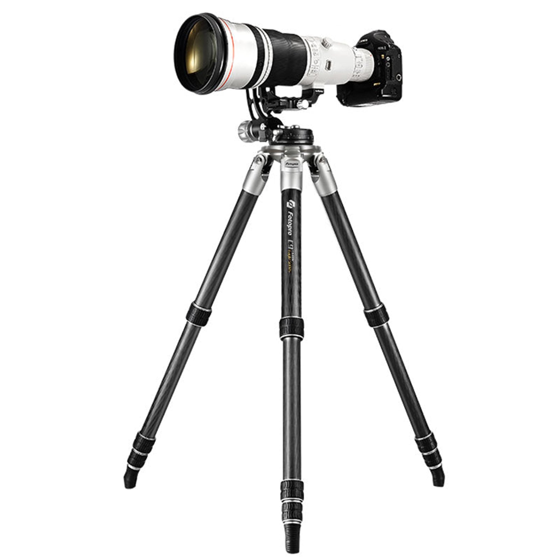 Fotopro E9 heavy-duty tripod with maximum height of 64 inches and 66 lbs load capacity, providing strong, stable support for heavy telephoto lenses and professional camera setups in extreme outdoor conditions.