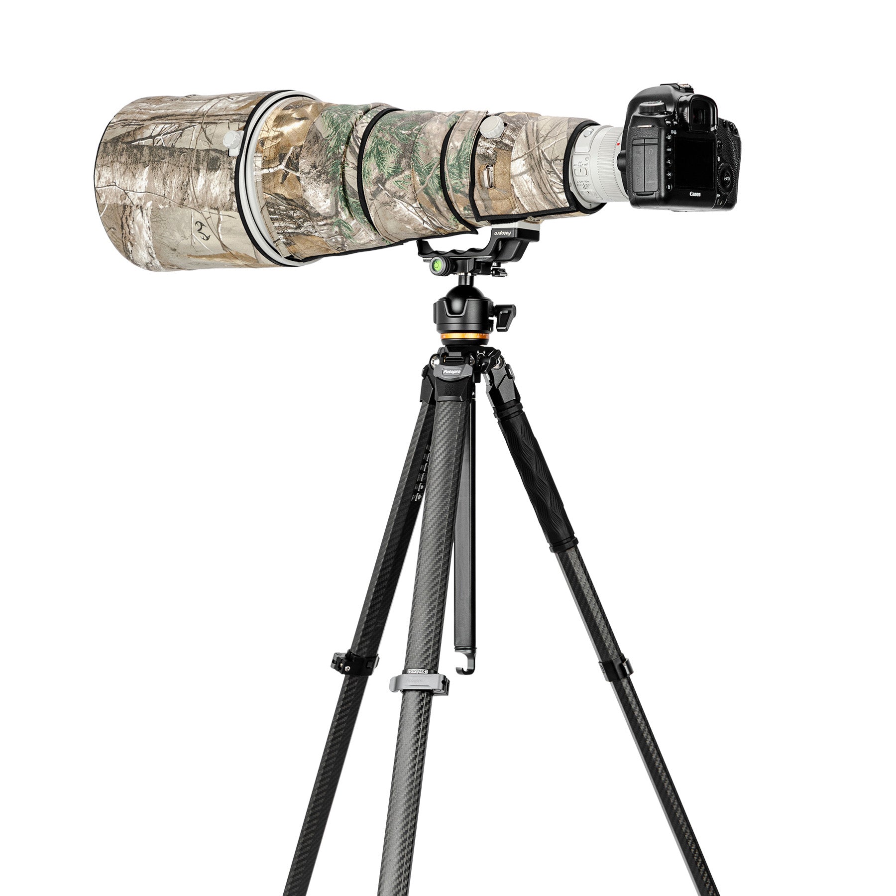 Fotopro Origin Plus carbon fiber tripod supports heavy telephoto lenses with a 20kg load capacity on the ball head and up to 25kg on tripod legs only, providing stability for professional wildlife and sports photography setups.