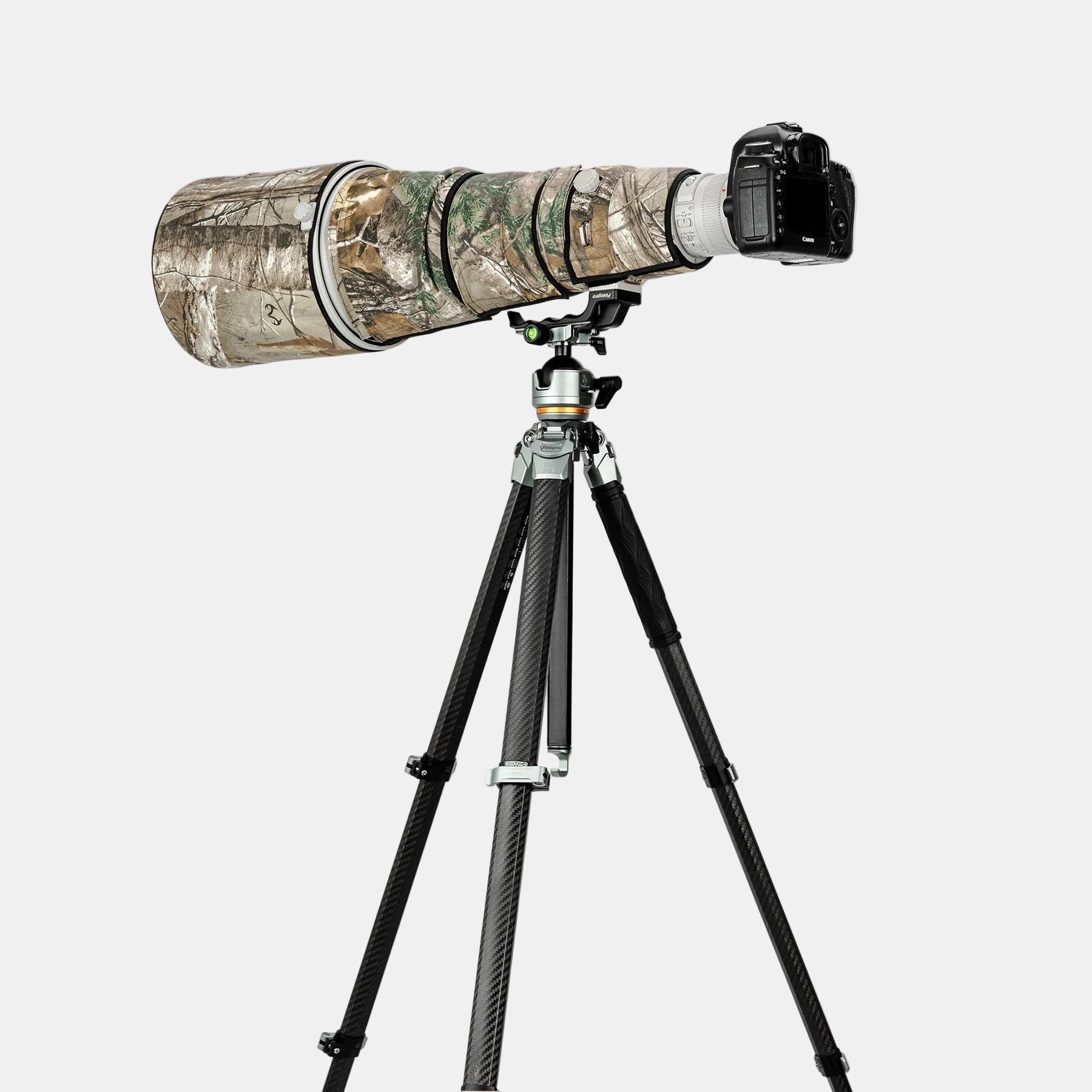Fotopro Origin Plus carbon fiber tripod supports heavy telephoto lenses with a 20kg load capacity on the ball head and up to 25kg on tripod legs only, providing stability for professional wildlife and sports photography setups.