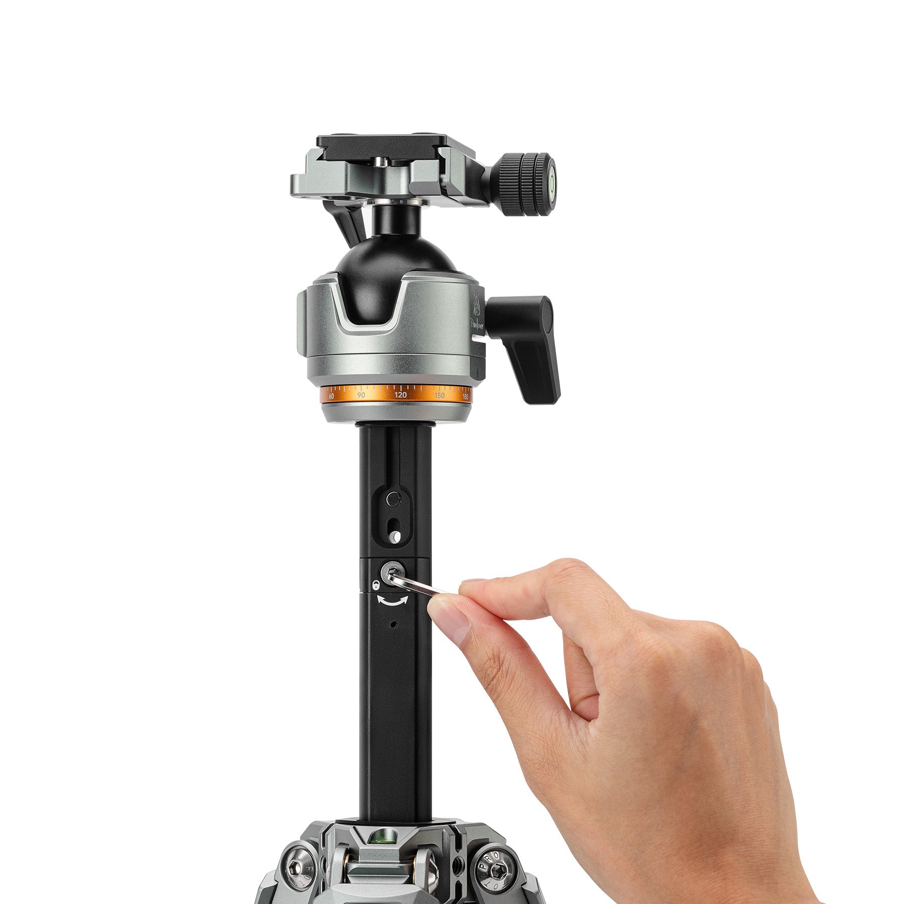 Fotopro Origin Plus carbon fiber travel tripod with hidden Allen wrench inside the removable center column for fast, convenient on-the-go adjustments, enhancing flexibility and ease of use in the field.