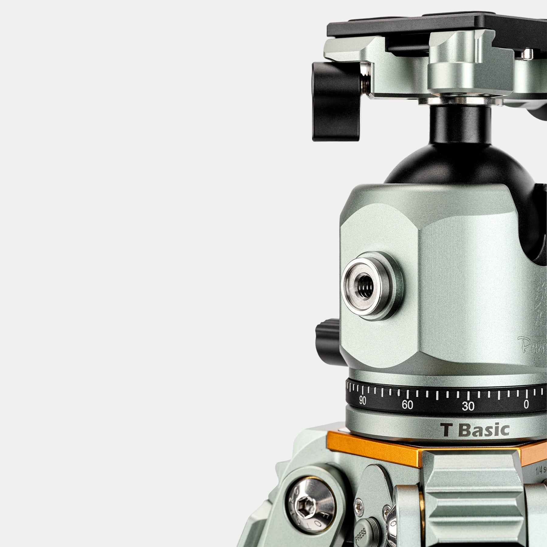 Fotopro T1 Plus ball head with 1/4" accessory holes, allowing easy attachment of magic arms, lights, and external devices for flexible shooting.