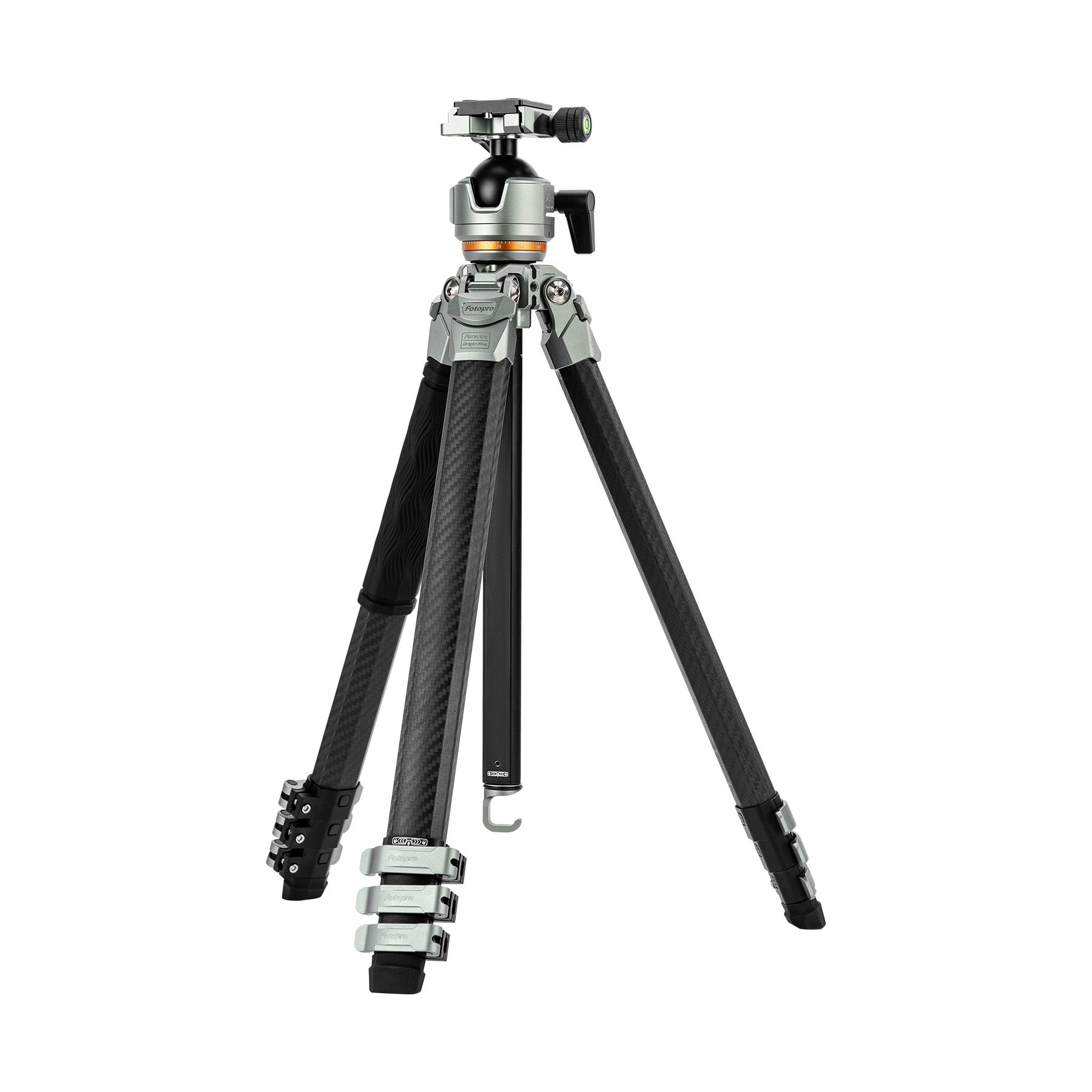 Lightweight carbon fiber travel camera tripod Fotopro Origin Plus in silver, designed for professional DSLR and mirrorless cameras, with 25kg max load, 44mm panoramic ball head, removable center column for low-angle shots, and diamond-shaped compact tubes for easy packing.