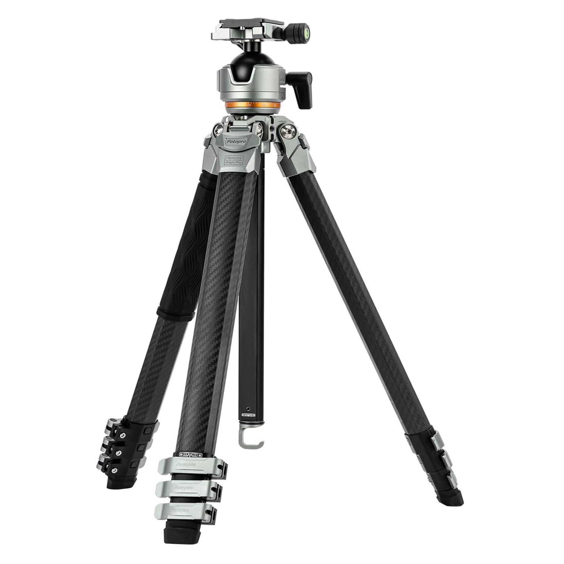 Lightweight carbon fiber travel camera tripod Fotopro Origin Plus in silver, designed for professional DSLR and mirrorless cameras, with 25kg max load, 44mm panoramic ball head, removable center column for low-angle shots, and diamond-shaped compact tubes for easy packing.