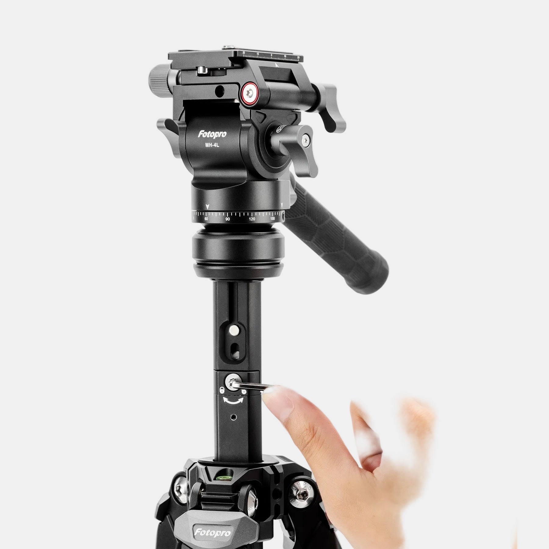 Fotopro Origin travel carbon fiber tripod with a hidden Allen wrench built into the center column for fast, convenient on-the-go adjustments, enhancing field usability and efficient setup for photographers and videographers.