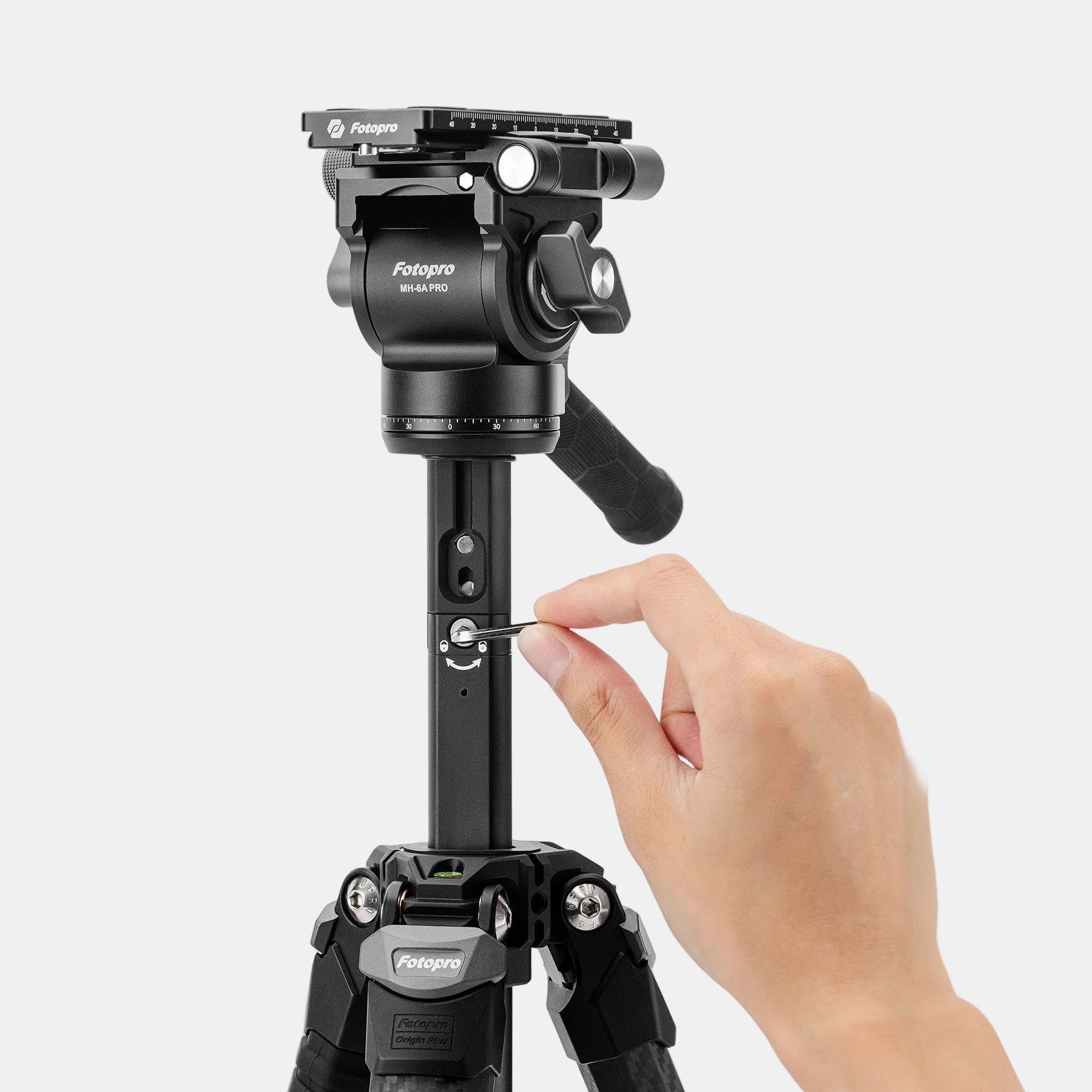 Fotopro Origin plus travel carbon fiber tripod with a hidden Allen wrench built into the center column for fast, convenient on-the-go adjustments, enhancing field usability and efficient setup for photographers and videographers.