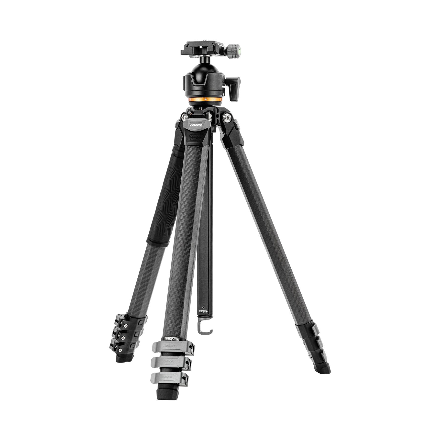 Professional lightweight carbon fiber travel camera tripod Fotopro Origin Plus in black, features 25kg load capacity, 44mm dual panoramic ball head, removable center column for low-angle photography, bubble level, and compact foldable design for outdoor and travel shooting.
