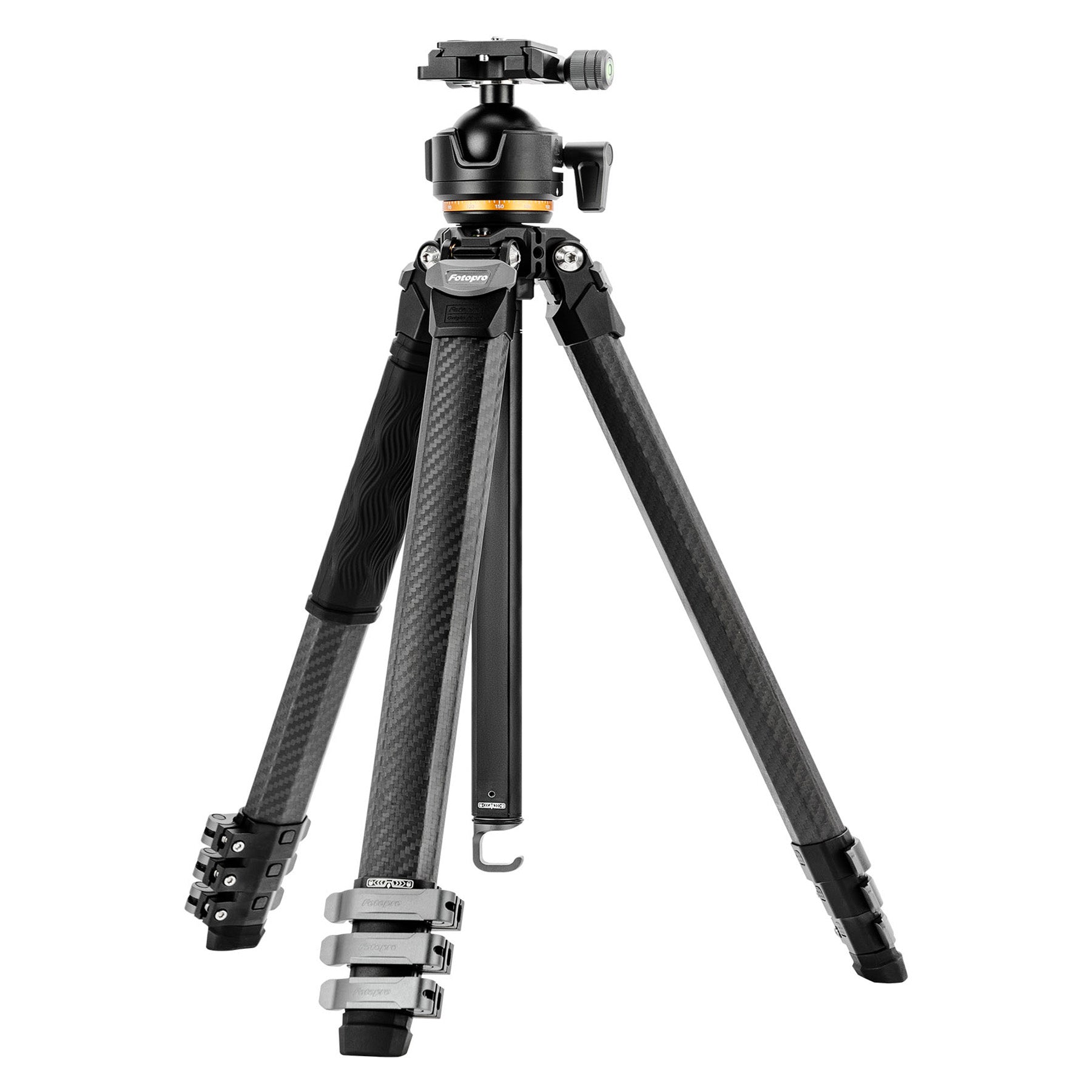 Professional lightweight carbon fiber travel camera tripod Fotopro Origin Plus in black, features 25kg load capacity, 44mm dual panoramic ball head, removable center column for low-angle photography, bubble level, and compact foldable design for outdoor and travel shooting.