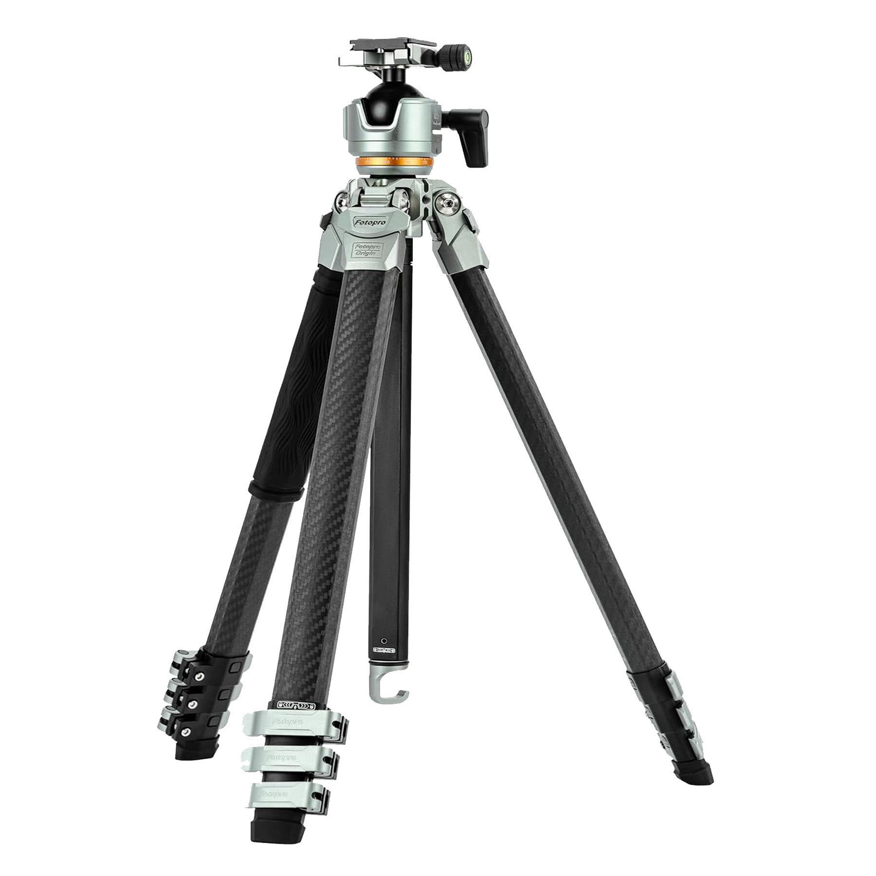 Fotopro Pantour Origin silver carbon fiber travel camera tripod with lightweight and compact profile design. Features 38mm ball head, Arca-type quick-release plate, 20kg load capacity, diamond-shaped tubes, spring-loaded flip locks, ideal for outdoor, landscape, long exposure, and video photography.