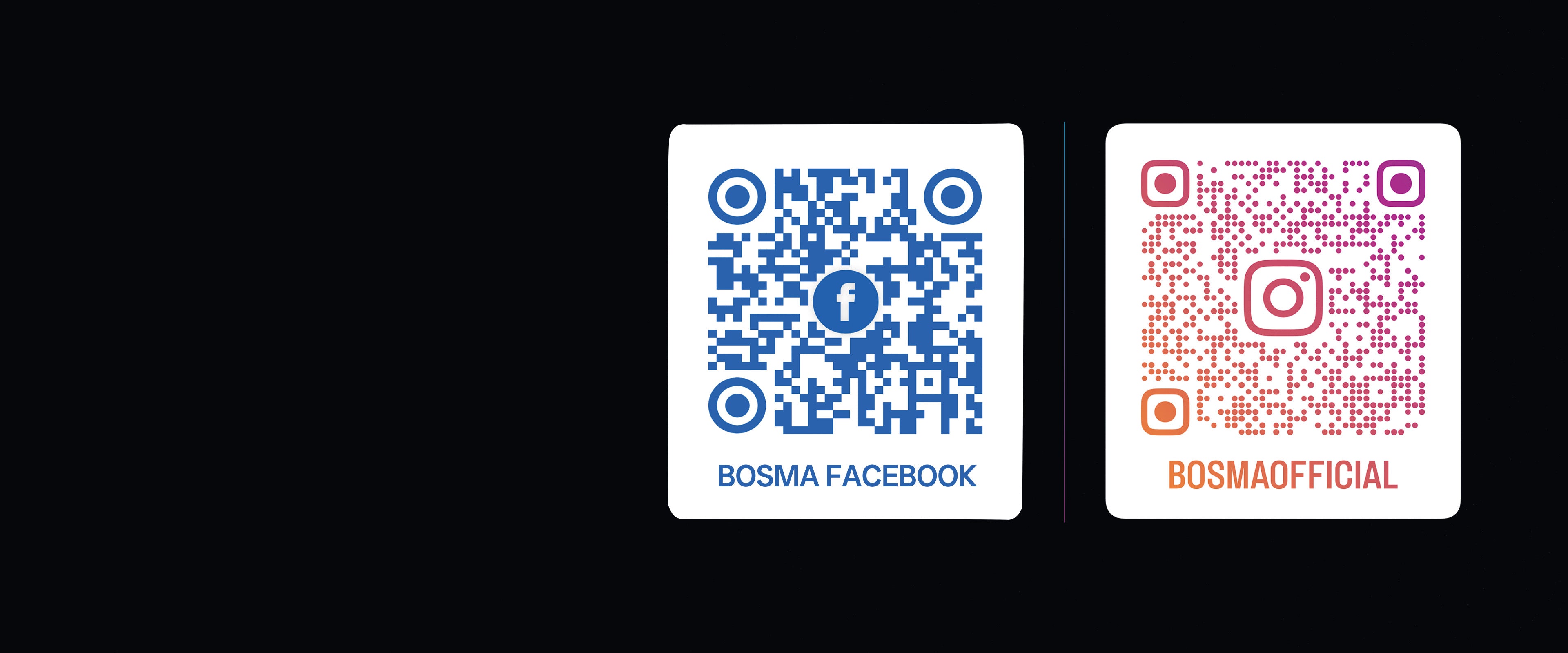 Two cards with QR codes for Bosma Facebook and BosmaOfficial