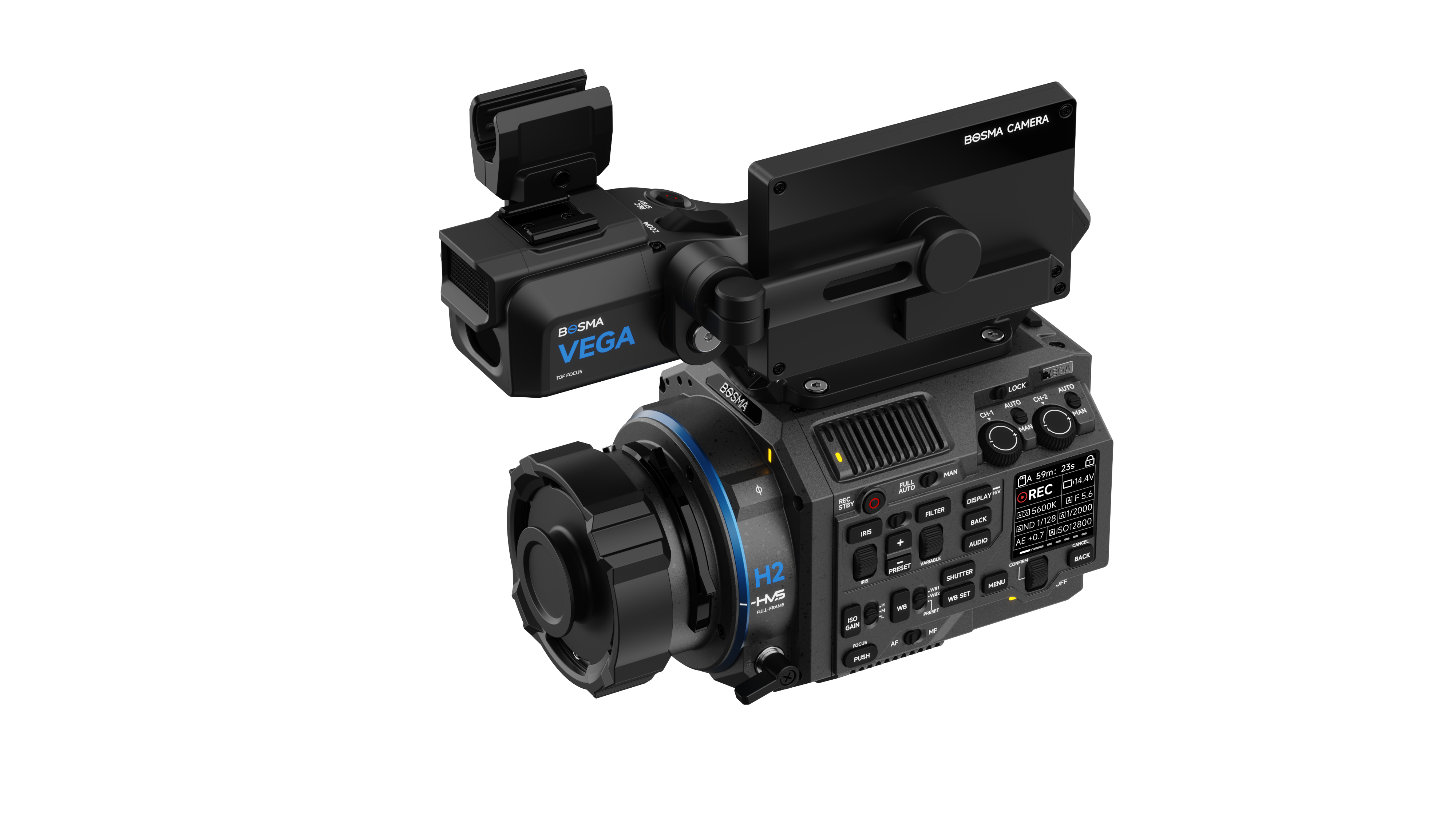 Front view of the BOSMA VEGA H2 6K full frame cinema camera for filmmakers and content creators, with PL, EF and M mount compatibility, featuring 6K 60fps recording, Open Gate capture, patented HVS technology and hybrid autofocus system