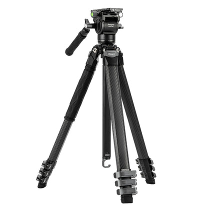 Professional lightweight carbon fiber travel camera tripod Fotopro Origin plus with fluid video head mh-6a pro, vertical video support, 5kg max load capacity, quick setup flip locks, Arca-Swiss quick release, hidden Allen wrench, compact foldable design, perfect for outdoor, travel, and social media video shooting.