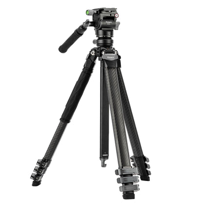 Professional lightweight carbon fiber travel camera tripod Fotopro Origin with fluid video head mh-4l, vertical video support, 3-5kg max load capacity, quick setup flip locks, Arca-Swiss quick release, hidden Allen wrench, compact foldable design, perfect for outdoor, travel, and social media video shooting.