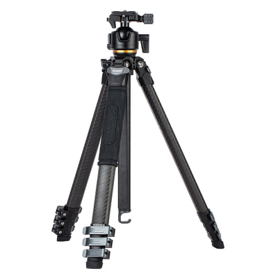 Fotopro Pantour Origin black carbon fiber travel camera tripod with ultra-lightweight compact design. Supports up to 20kg, equipped with Arca-type quick-release plate, ergonomic flip locks, 360-degree panoramic ball head, perfect for travel, vlog, and wildlife photography.