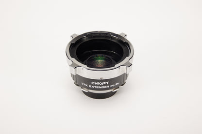 Chiopt 1.7X Extender focal length comparison, telephoto enhancement for PL mount cinema lenses, maintains center image quality with superior edge sharpness.