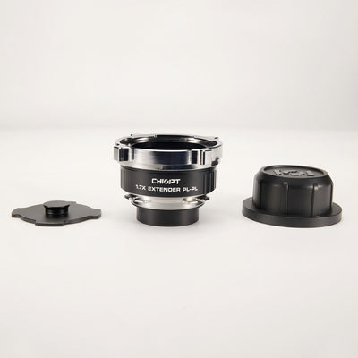 Chiopt 1.7X Extender lens kit compatible with ARRI Alexa Mini LF, Canon C700 FF, Sony Venice, and other PL mount cameras, professional teleconverter accessory for cinematic production.