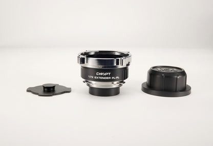 Chiopt 1.7X Extender lens kit compatible with ARRI Alexa Mini LF, Canon C700 FF, Sony Venice, and other PL mount cameras, professional teleconverter accessory for cinematic production.