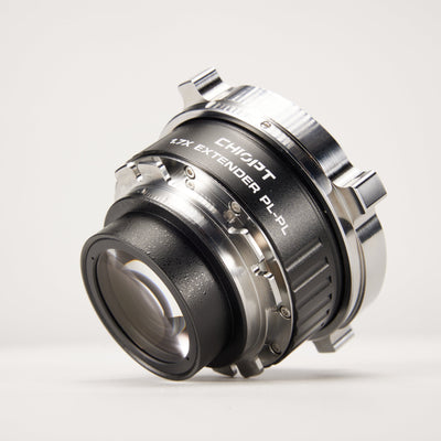 Chiopt 1.7X Extender PL to PL cinema lens side view, compatible with ARRI, Canon, Sony PL mount cinema cameras, compact design for professional setups.