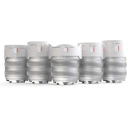 Chiopt Aura Super Speed Prime Cinema Lens 5-lens kit, includes 16mm, 24mm, 35mm, 50mm, and 85mm focal lengths. Professional cine lens set for 8K camera, filmmaking, commercial video production, and cinematic storytelling. Features fast T1.5 aperture, full-frame coverage, and manual focus precision.